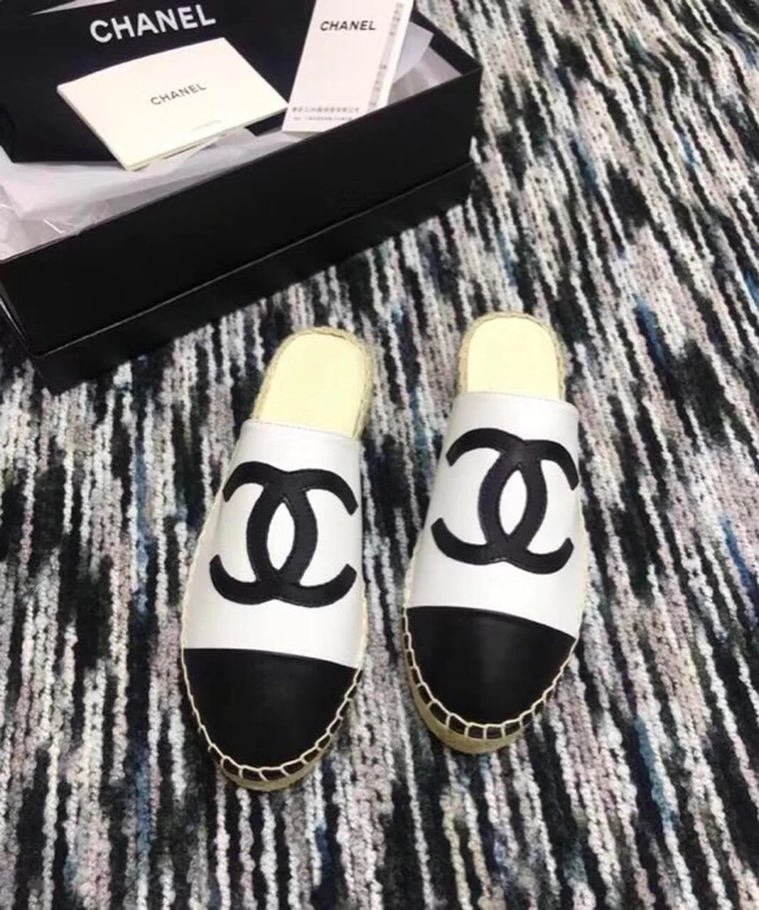 Chanel Mule Espadrille Slides White/Black , Shoes - Image 7