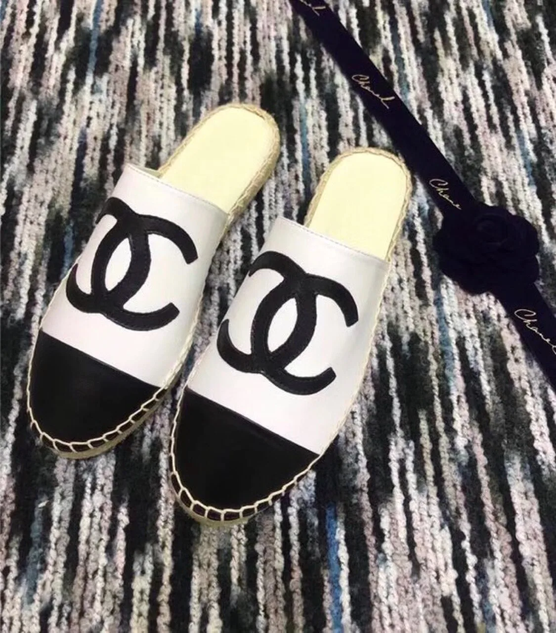 Chanel Mule Espadrille Slides White/Black , Shoes - Image 9