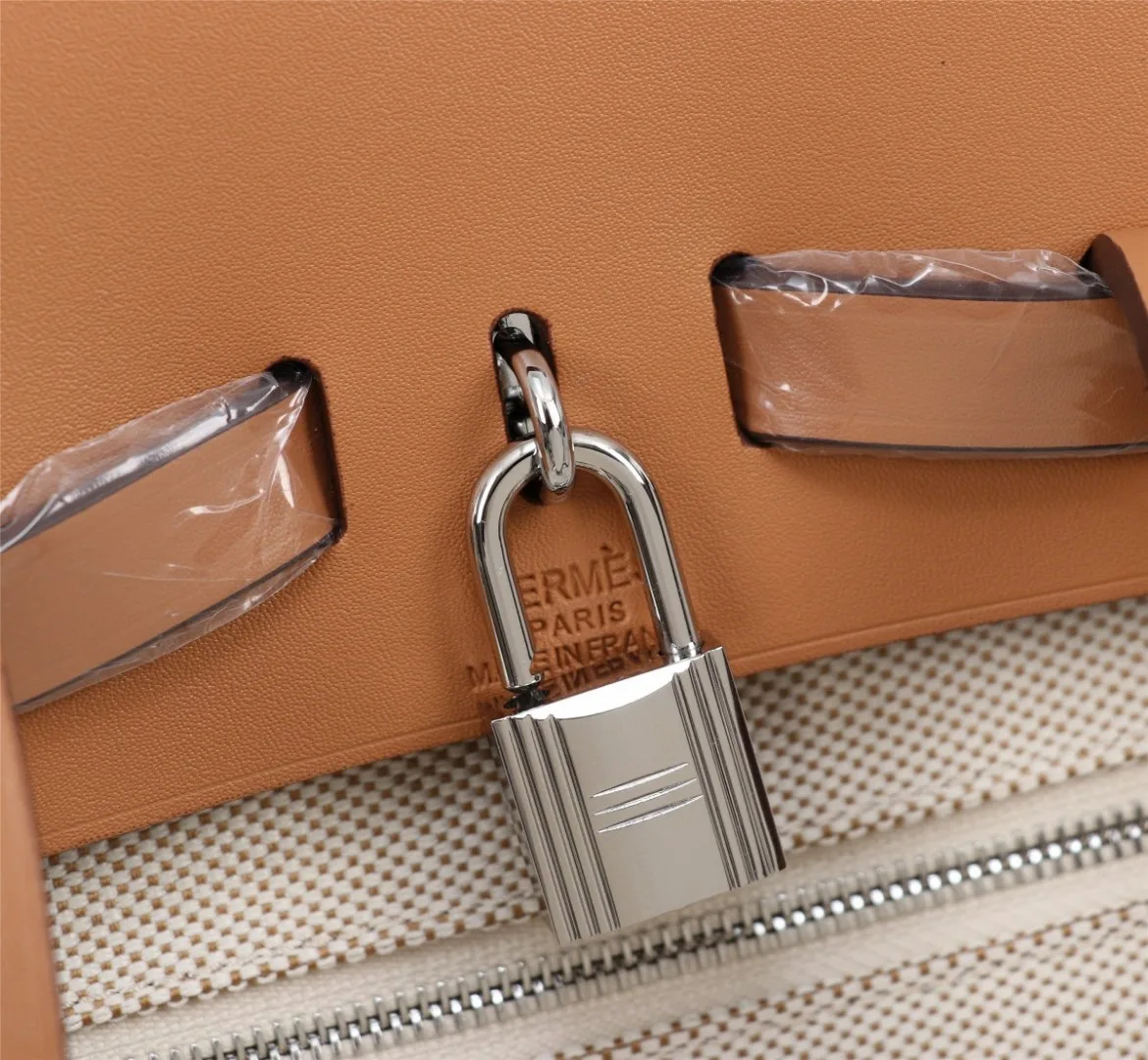 Alternative view of Hermes Buckle Lock Shape Striped Beige, Silver Toned Hardware Bag