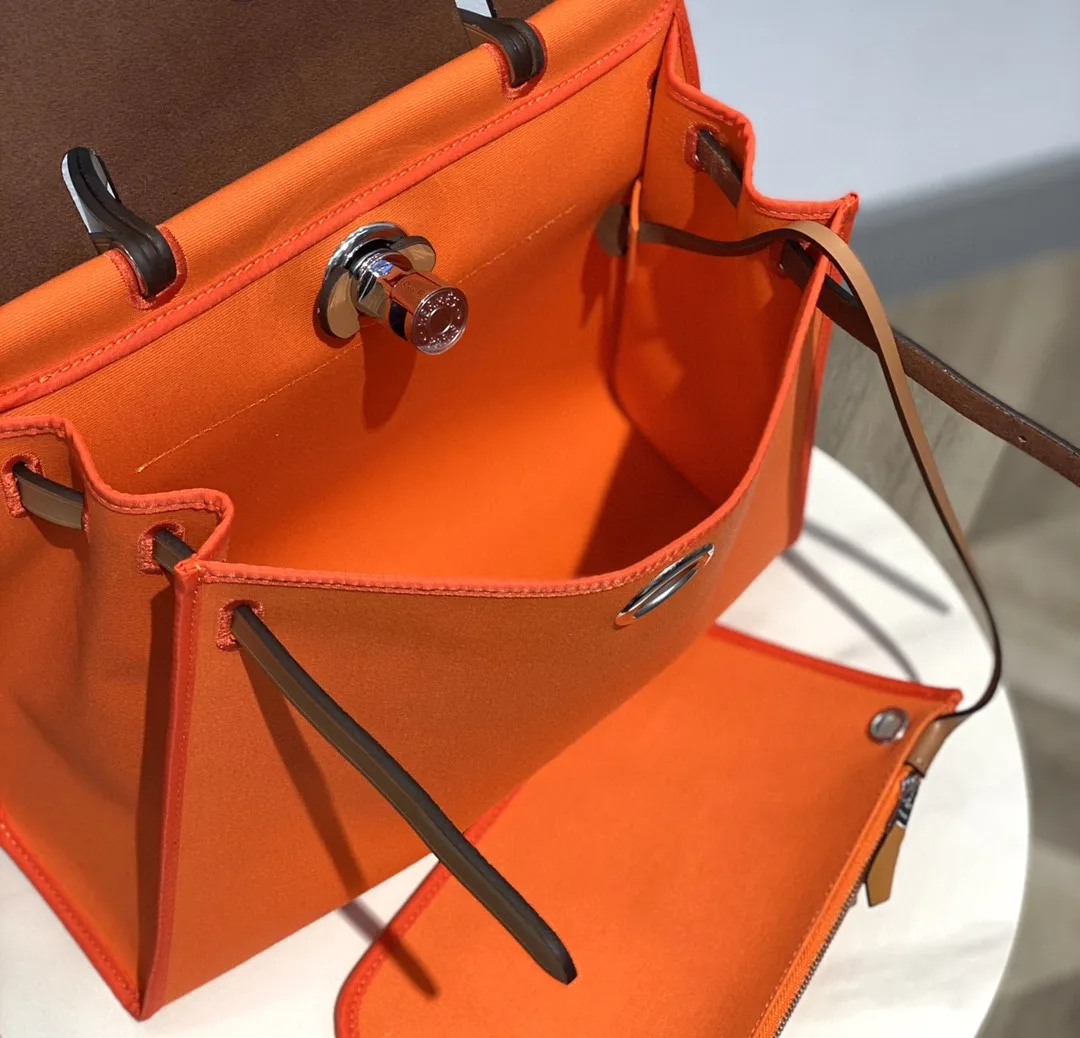 Hermes Herbag Zip Bag Orange, Silver Toned Hardware Bag - Image 4