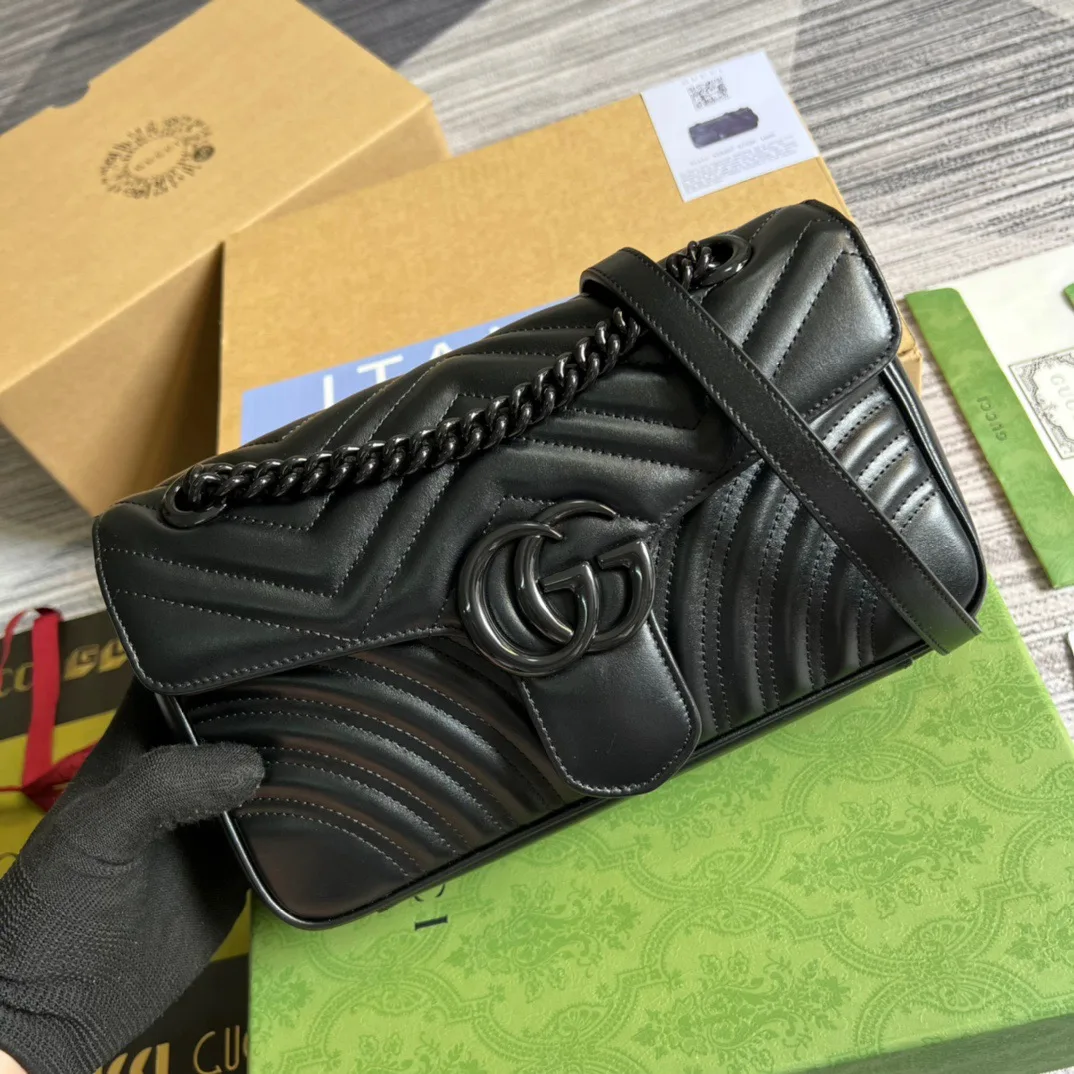 Gucci Marmont Small Matelasse Shoulder Bag / Black Matelasse Chevron Black Hardware - Image 3