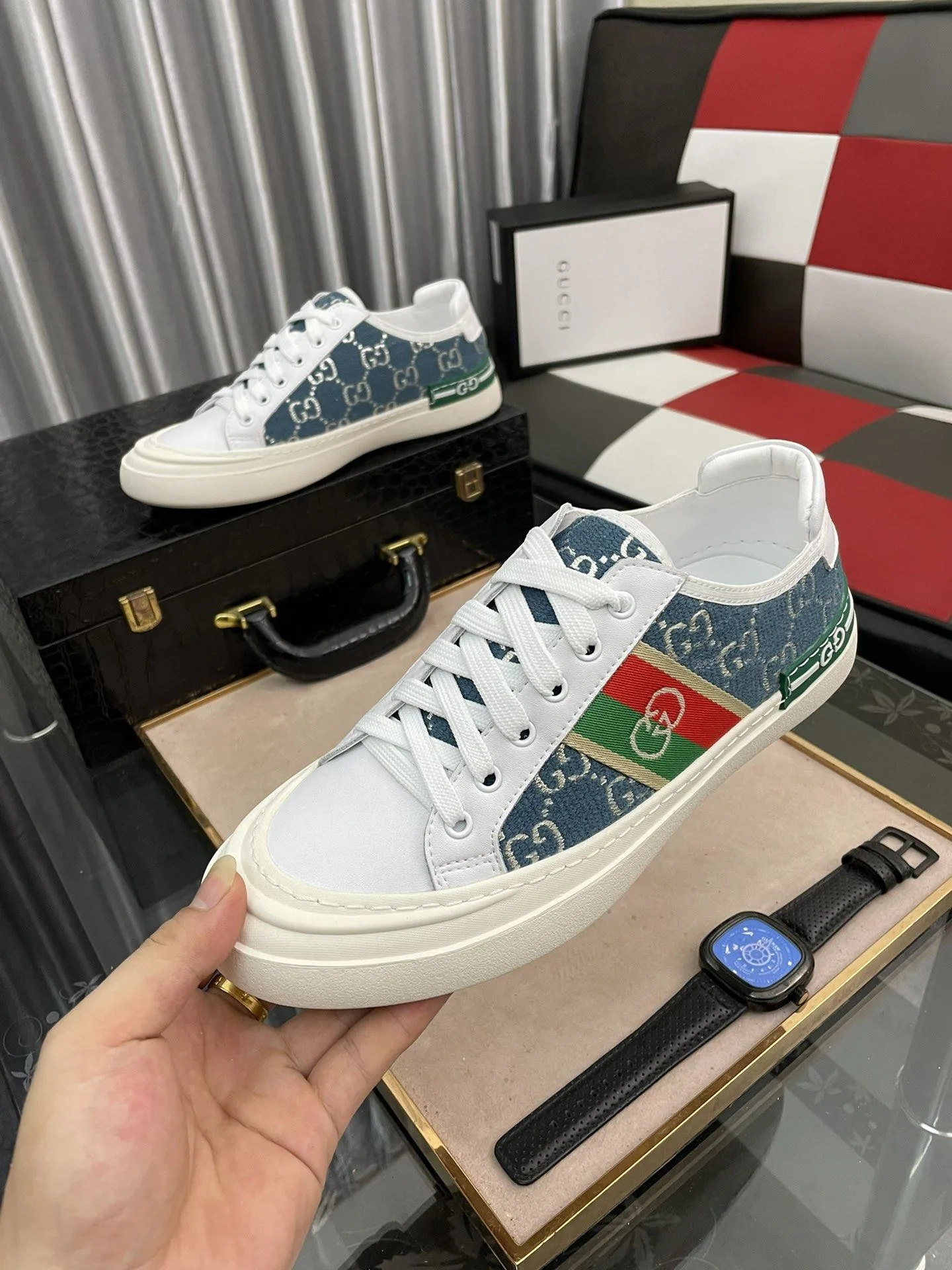 Gucci Men’s GG Embroidery Sneaker With Web White And Blue - Image 7