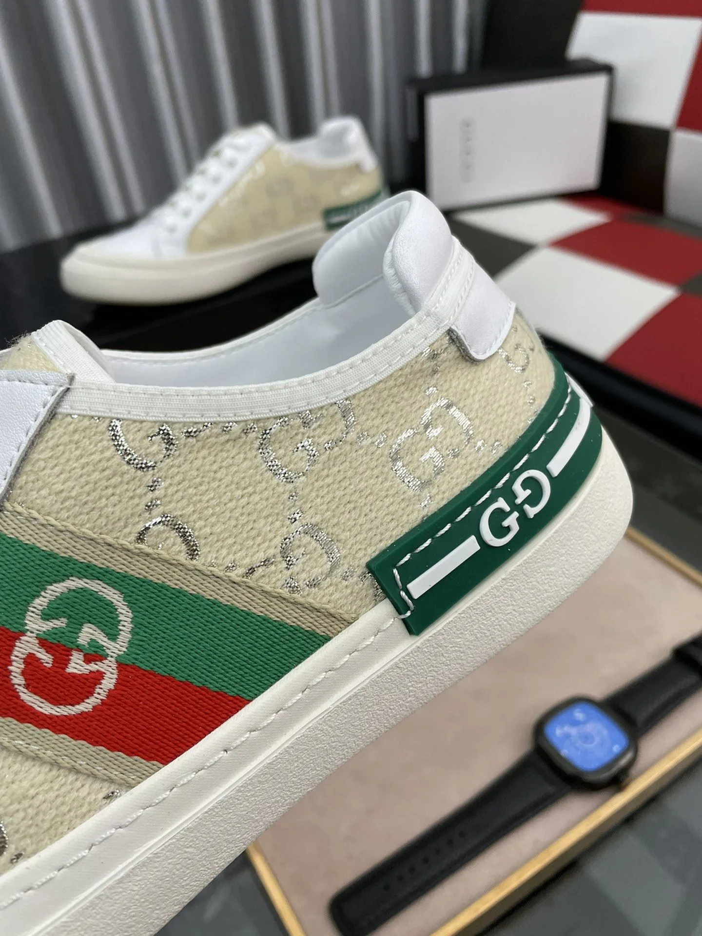 Gucci Men’s GG Embroidery Sneaker With Web White And Beige - Image 7