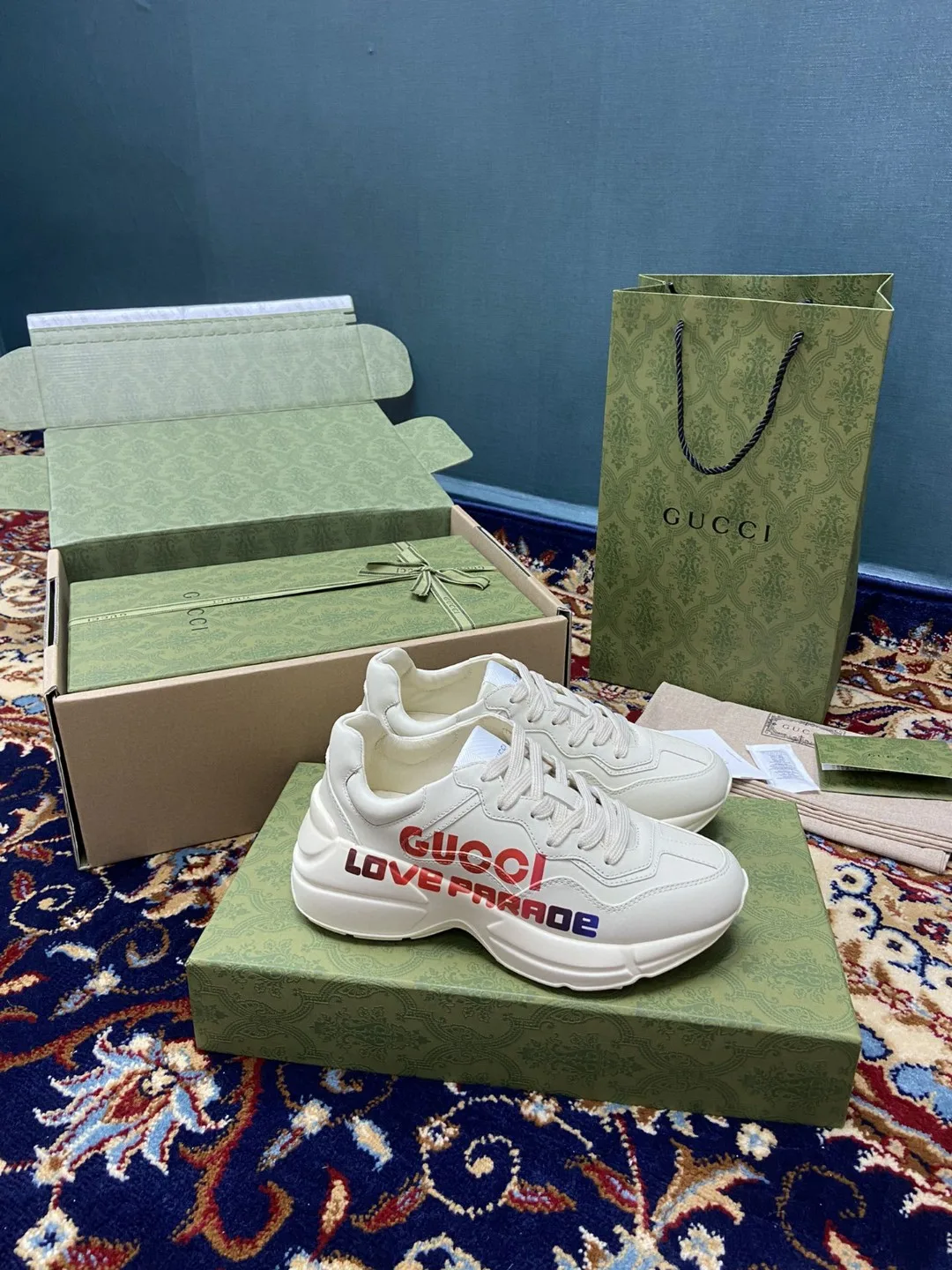 Gucci Men’s Rhyton Sneakers With Gucci Love Parade Red White Ivory - Image 5