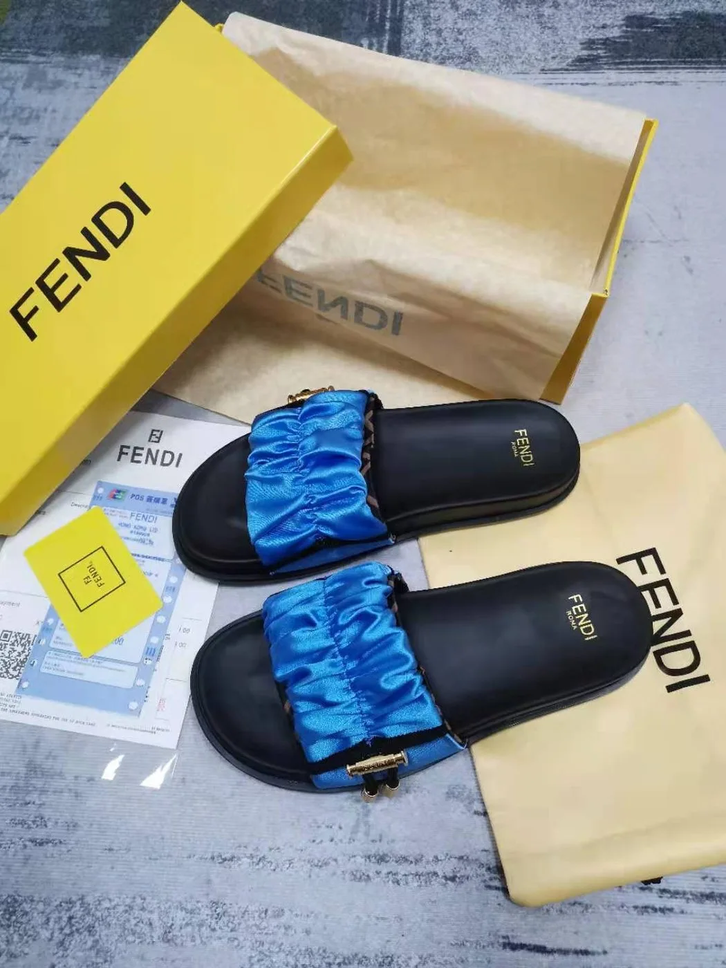 Fendi Feel Blue Satin Slides - Image 3