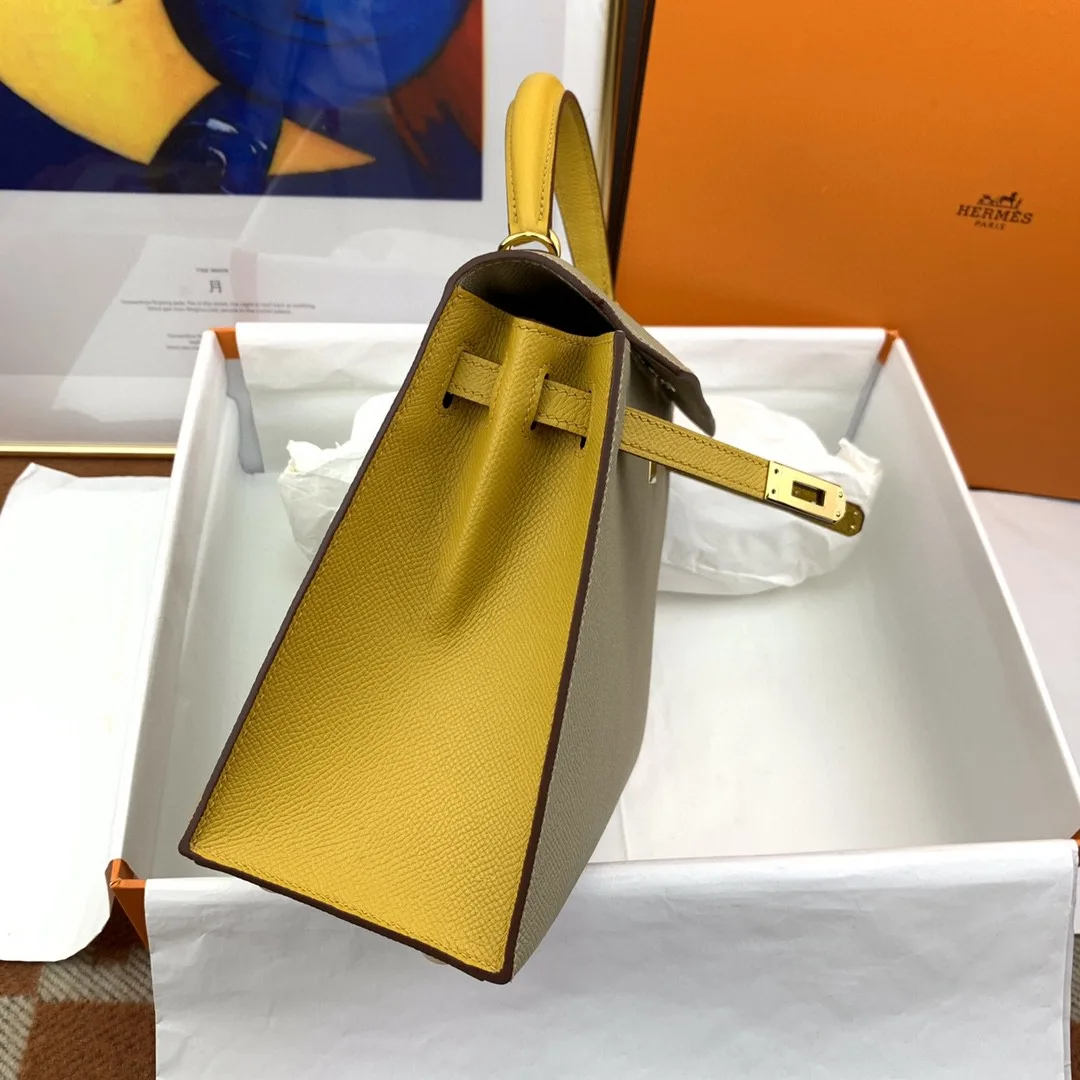 Hermes Kelly 25 Sellier Epsom Greige/Yellow Bag - Image 3