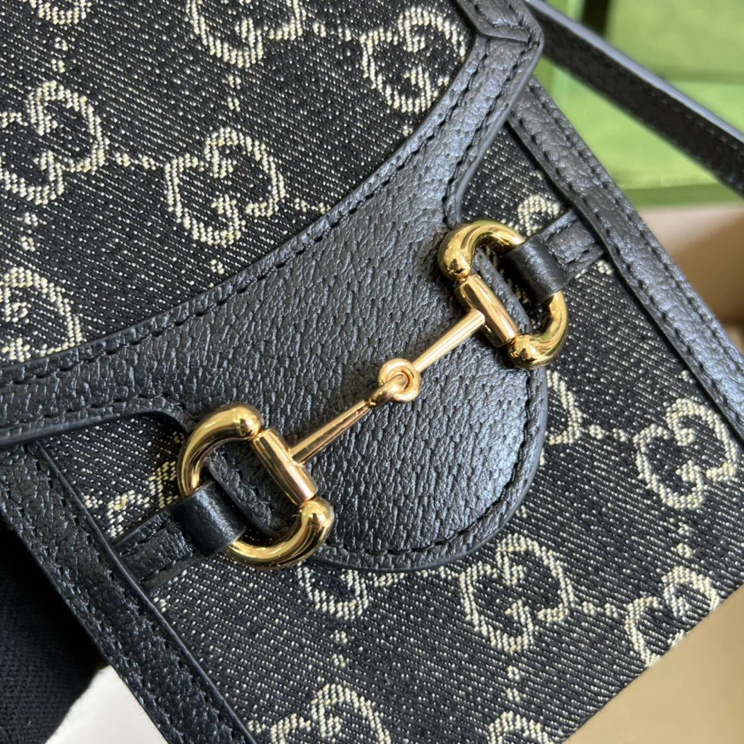 Gucci Horsebit 1955 Mini Bag Black And Ivory GG Denim Jacquard / - Image 7