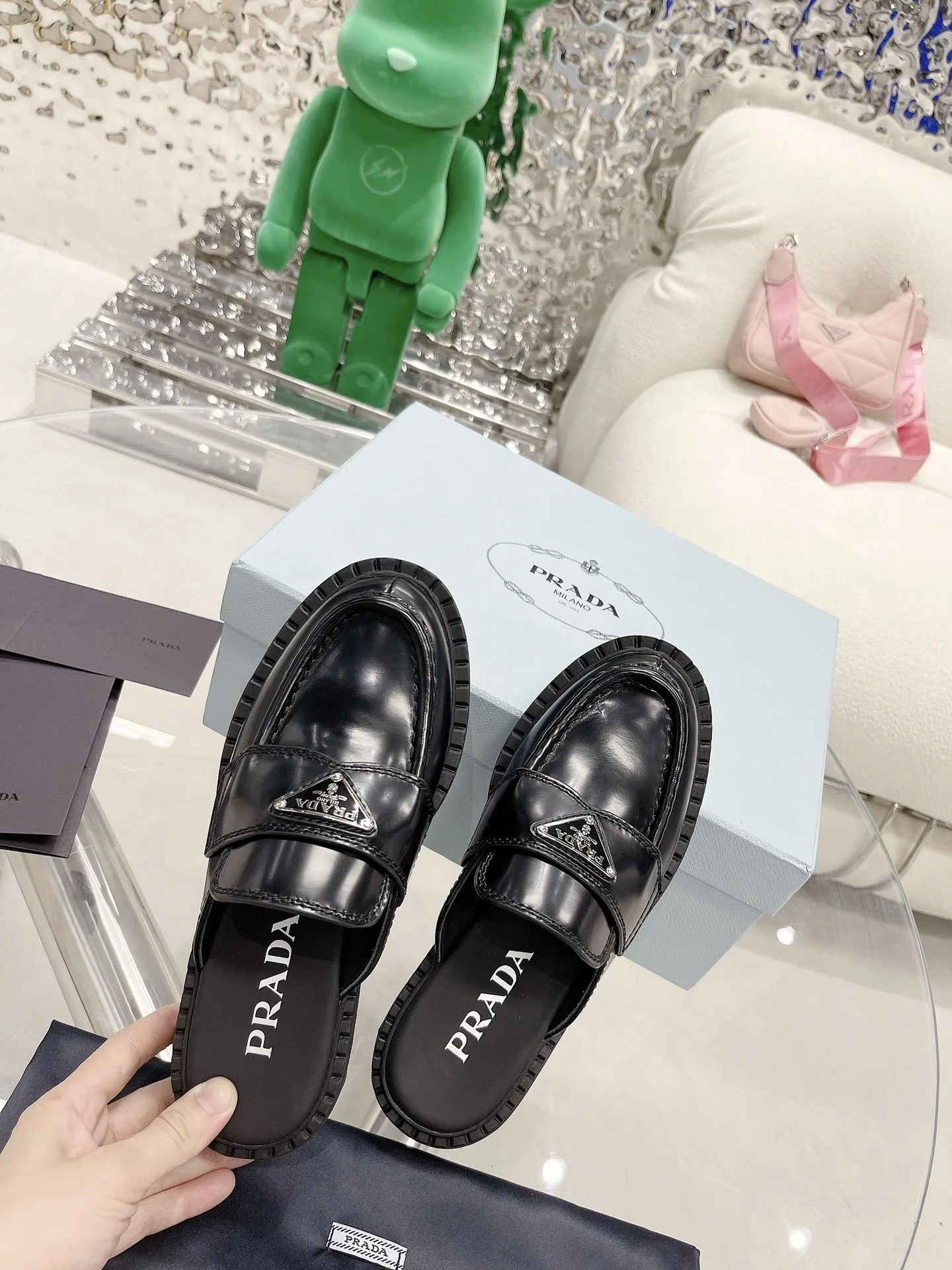 Prada Chocolate Brushed Mules Black / PRD - Image 4