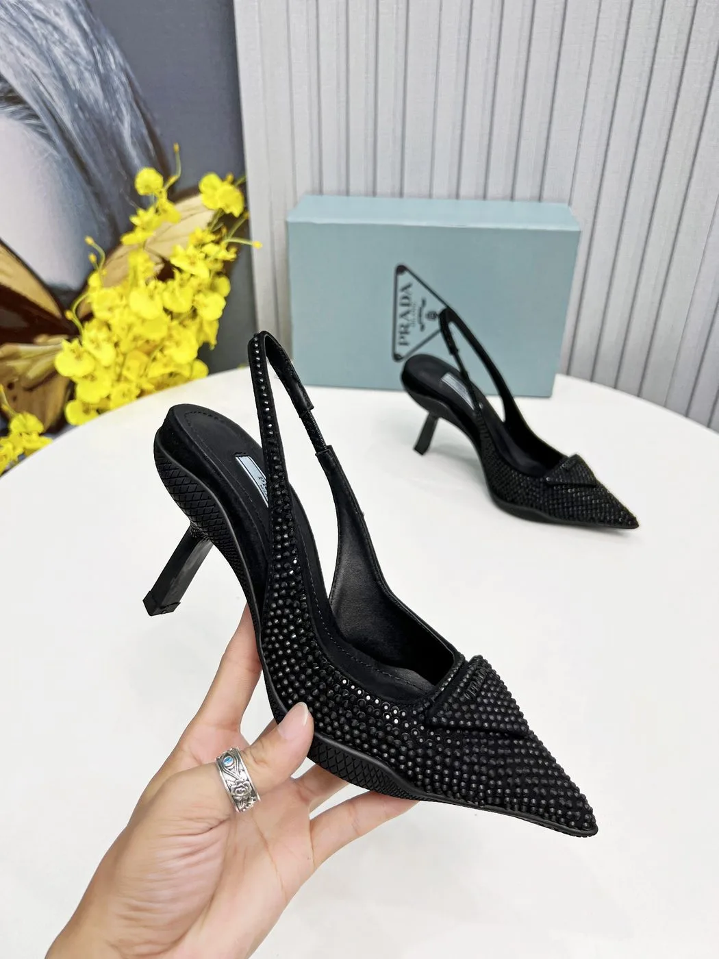 Alternative view of Prada Satin Slingback Pumps With Crystals Black / PRD