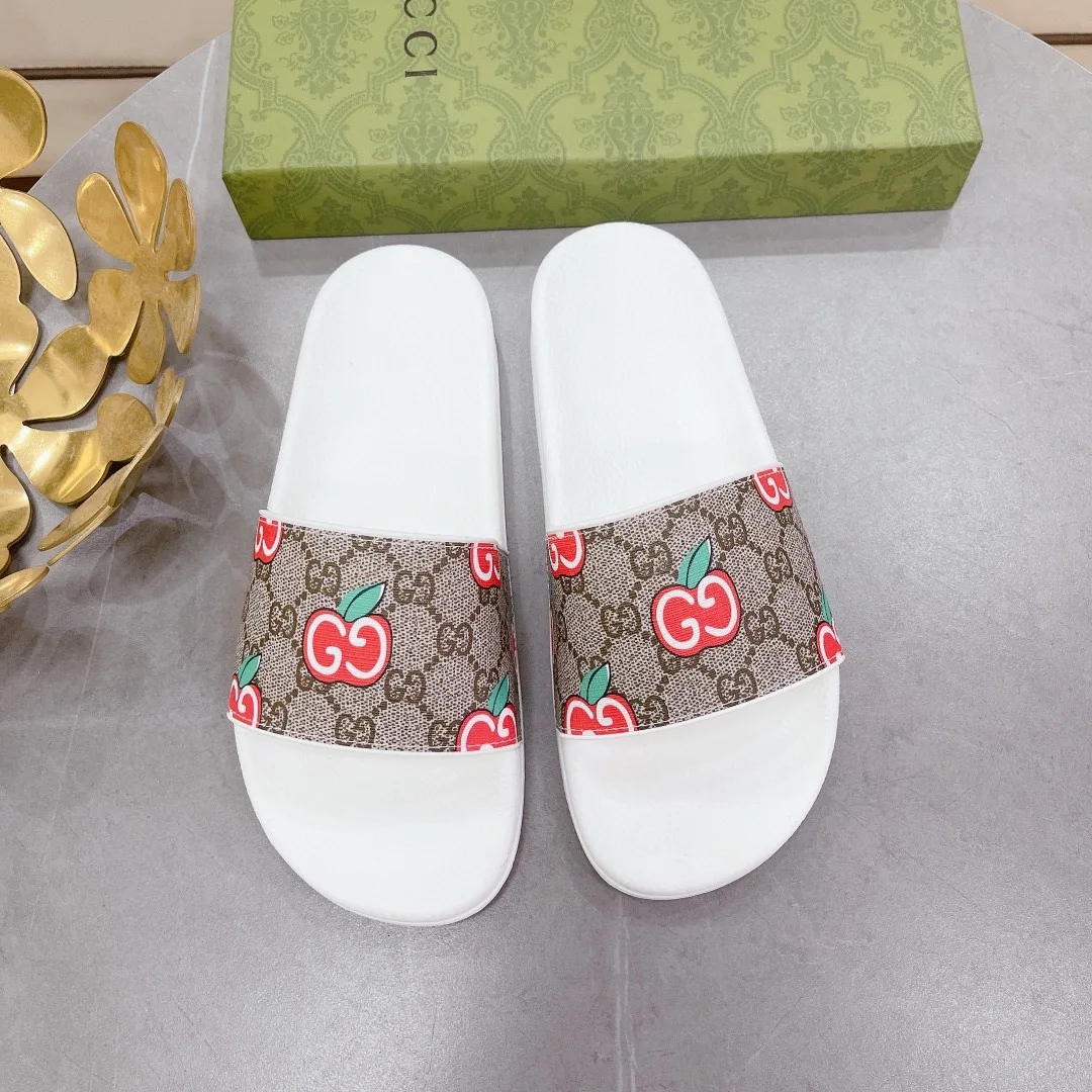 Gucci Women’s GG Slide Sandal With GG Apple White And Brown - Image 4