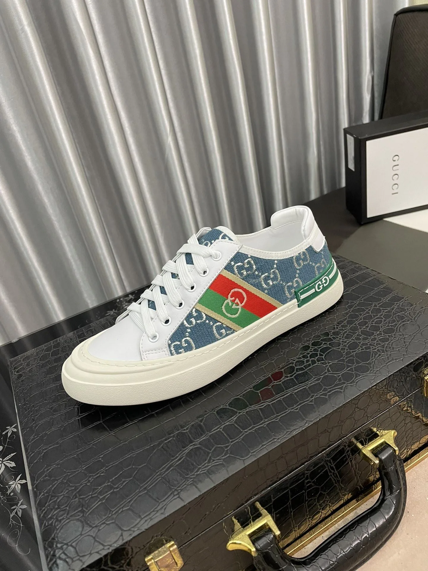 Gucci Men’s GG Embroidery Sneaker With Web White And Blue - Image 5