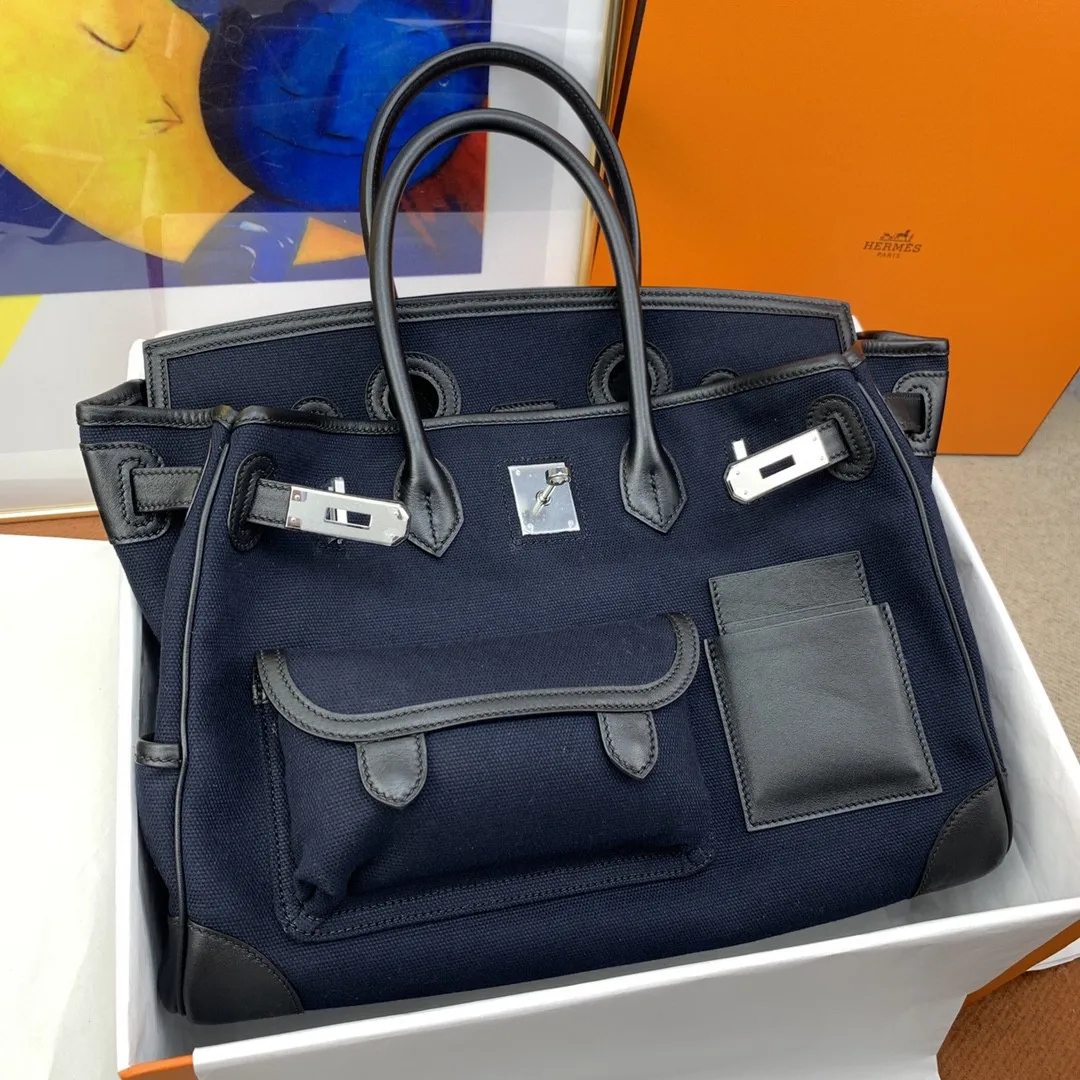 Hermes Birkin Cargo 35 Top Handle Bag / Navy Blue Silver Hardware - Image 10