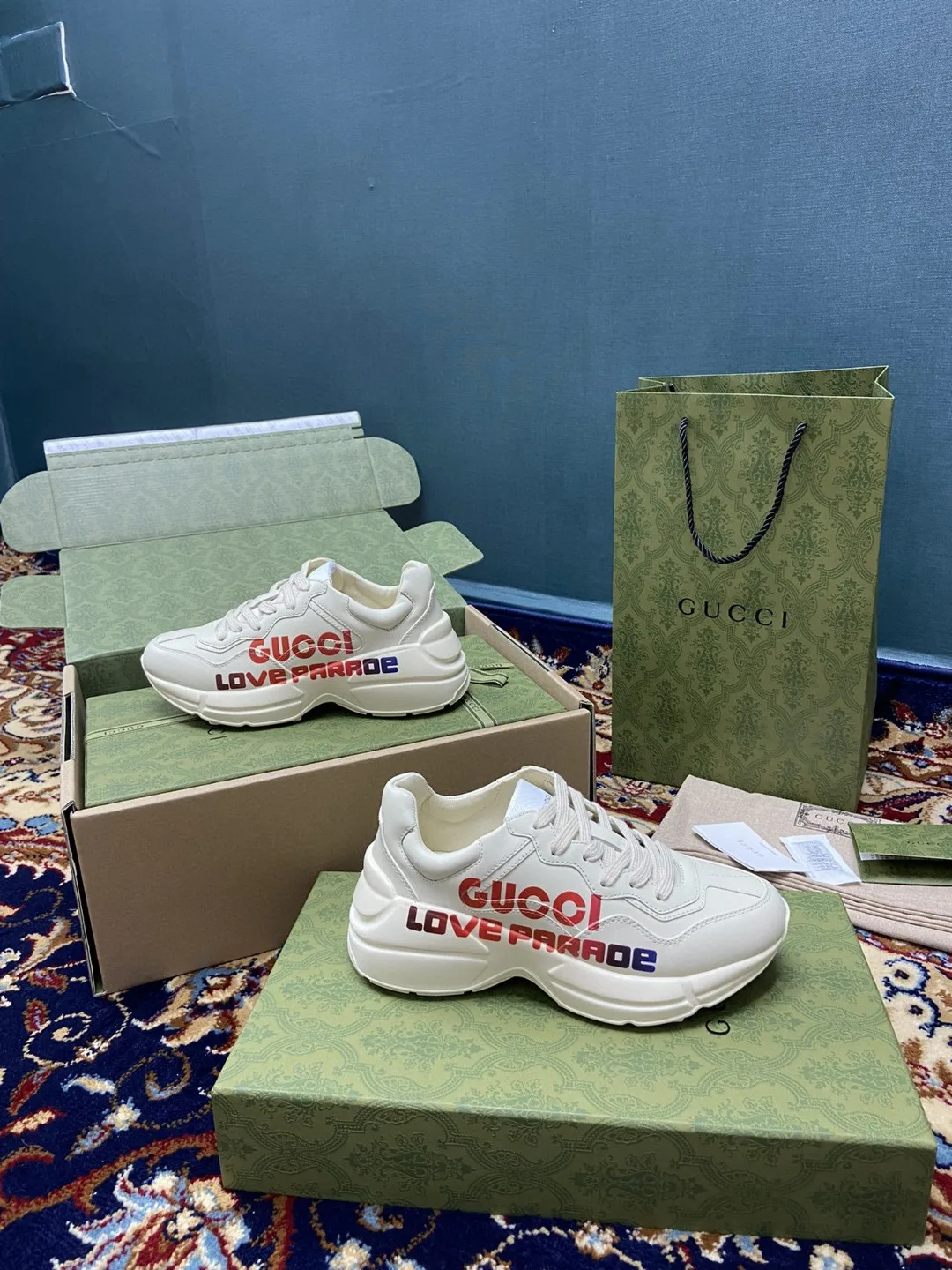 Gucci Men’s Rhyton Sneakers With Gucci Love Parade Red White Ivory - Image 6