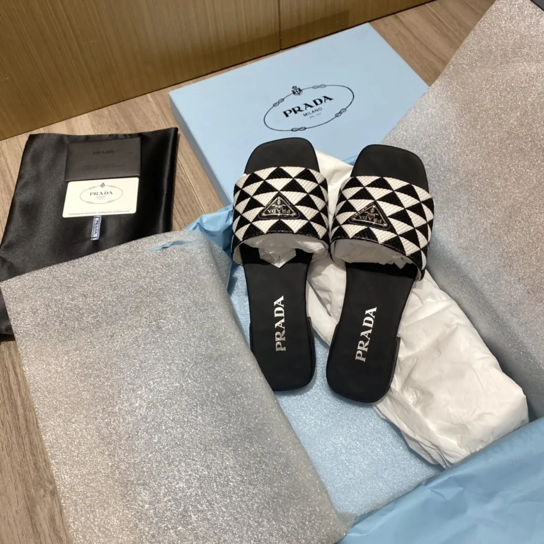 Prada Embroidered Fabric Slides Black/White / PRD - Image 3