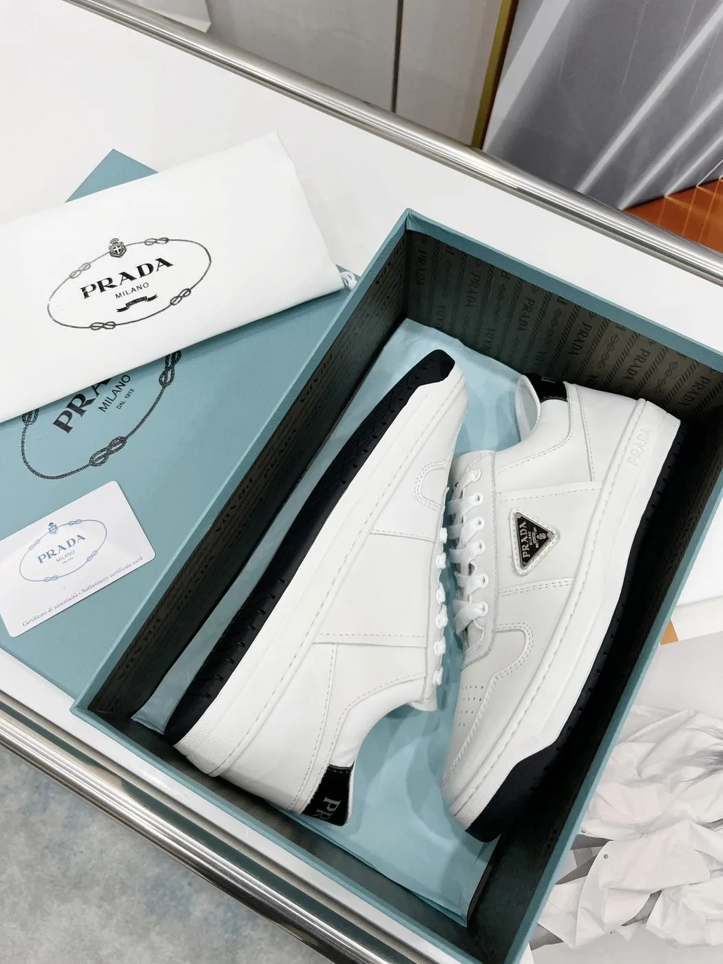 Prada Downtown Perforated Sneakers White/Black / - Image 5