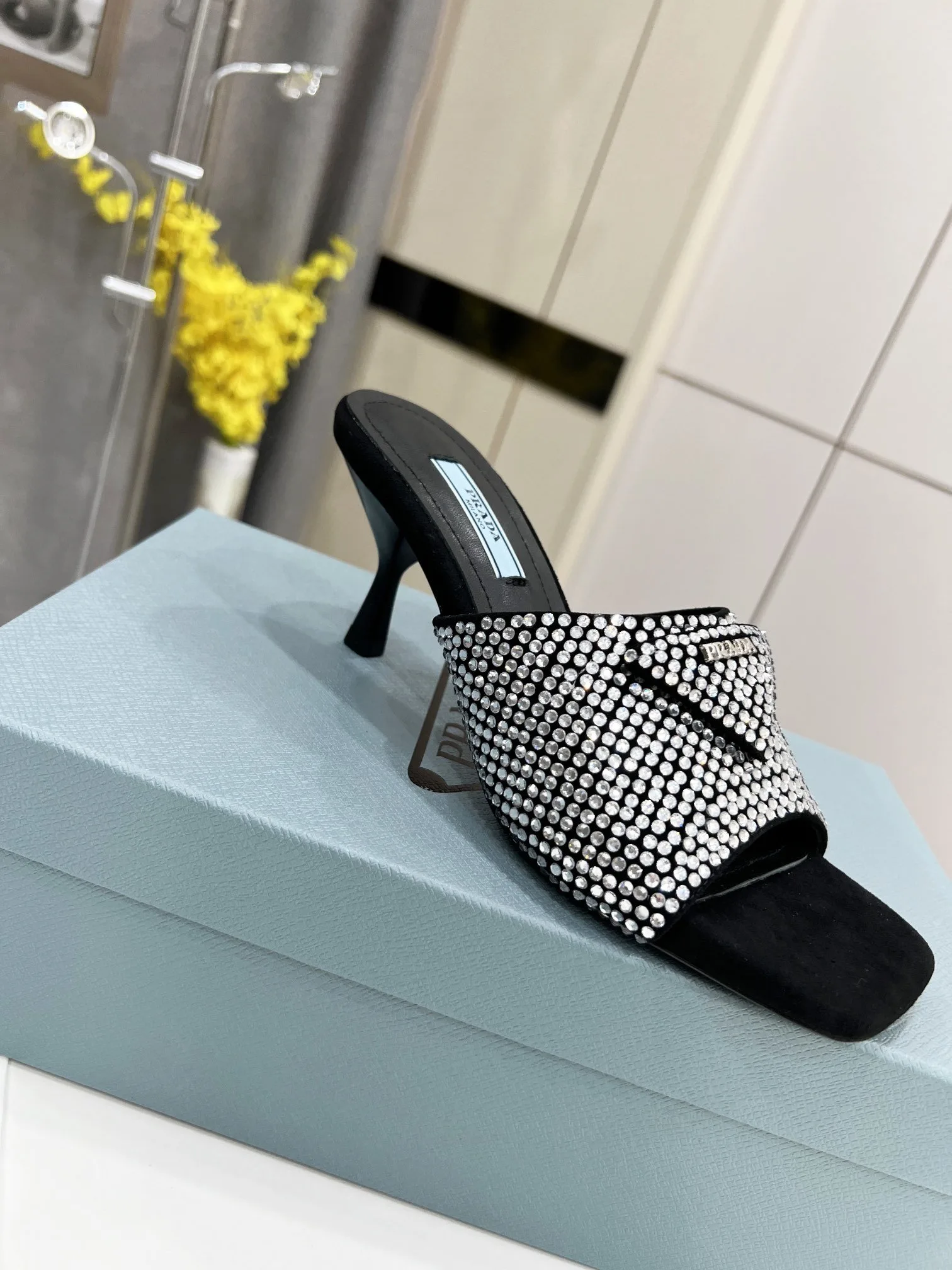 Prada Satin Heeled Sandals With Crystals Silver / - Image 7