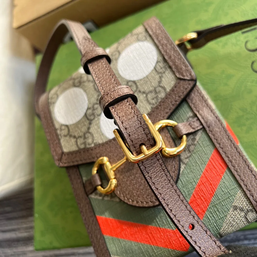 Gucci Horsebit 1955 Mini Bag / Beige/ Ebony GG Supreme Canvas With Geometric Print - Image 6