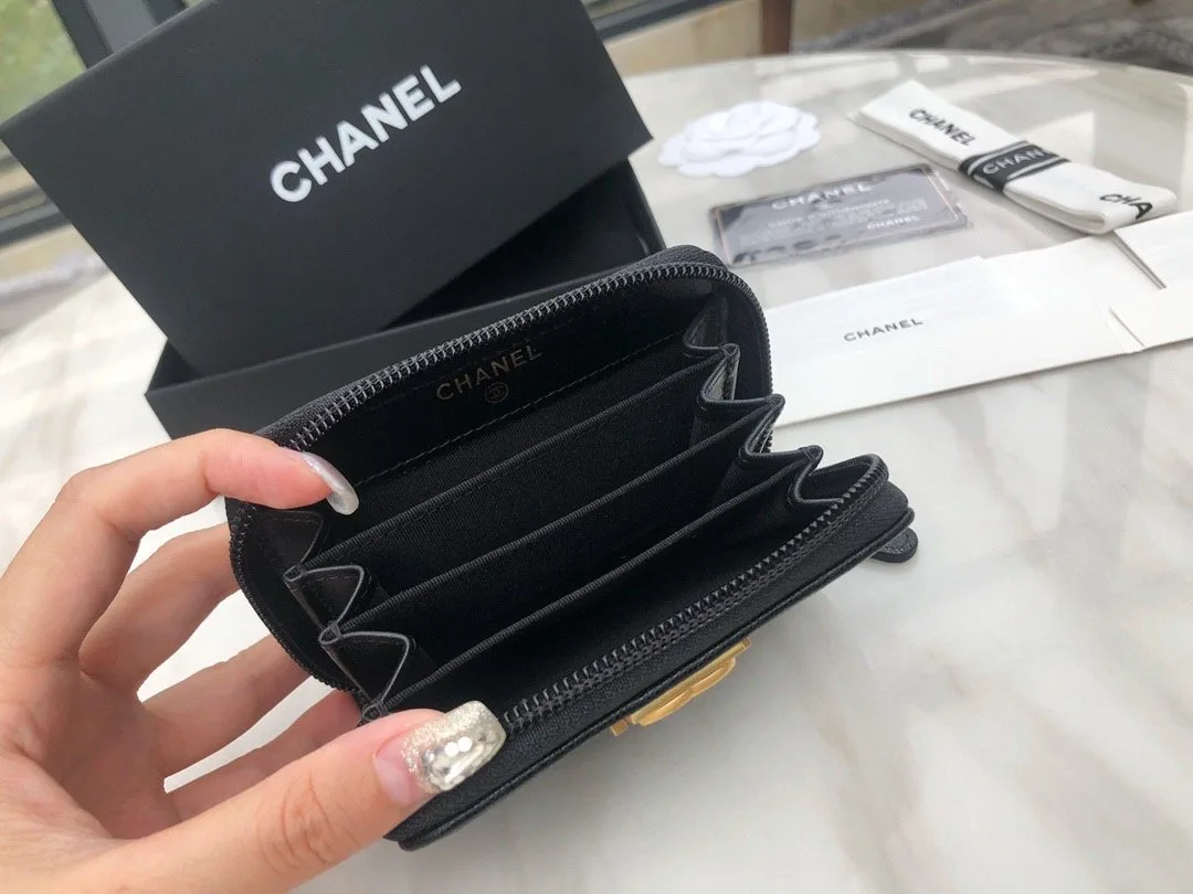 Chanel CO-CO Boy Chanel Zipped Coin Purse / Gold Toned Hardware Black - Image 7