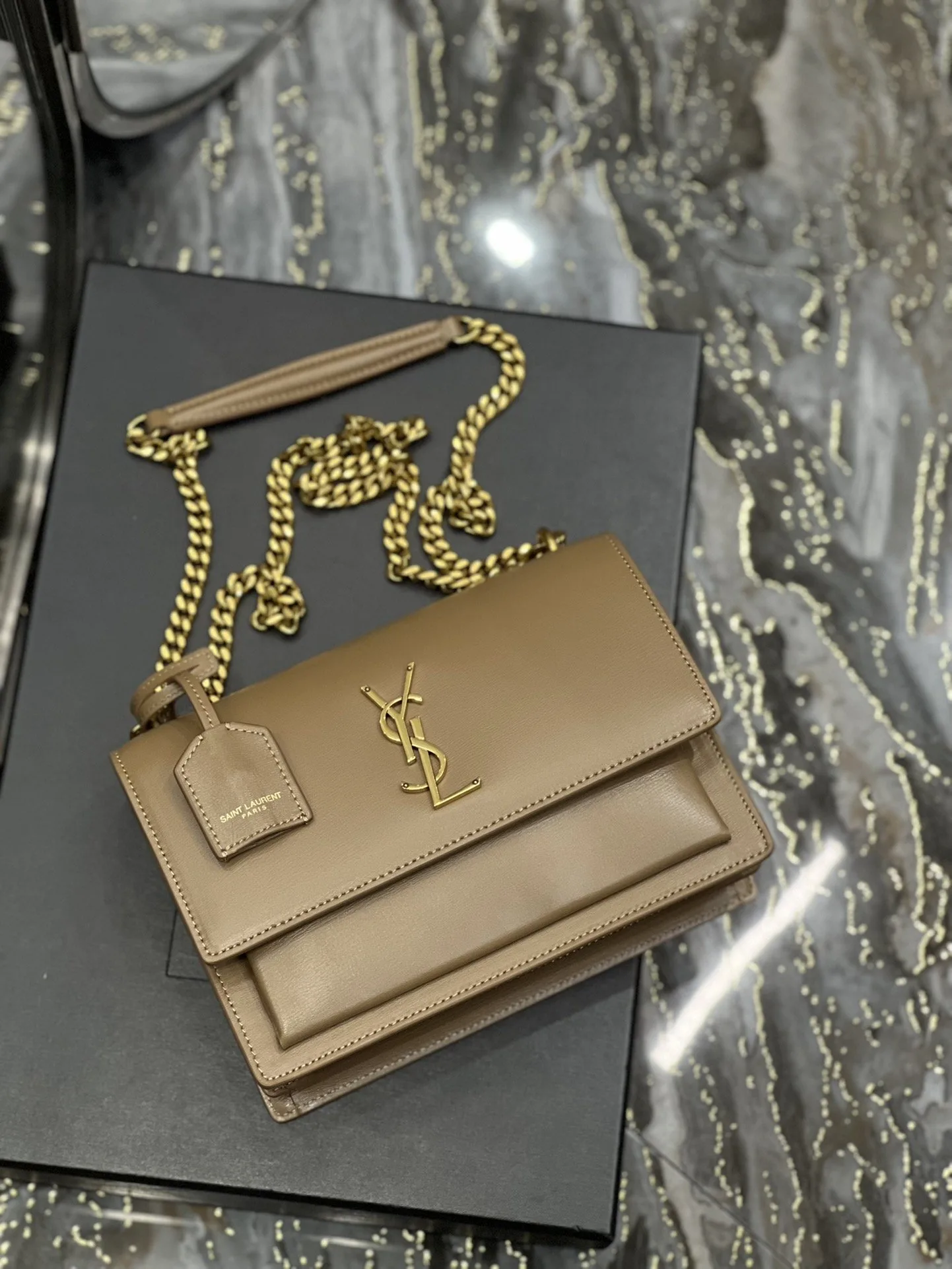 Saint Laurent Sunset Chain Medium Crossbody Bag / Dark Beige Gold Hardware - Image 8