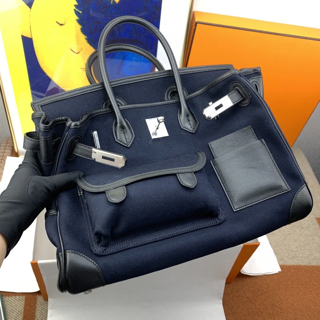 Hermes Birkin Cargo 35 Top Handle Bag / Navy Blue Silver Hardware - Image 7