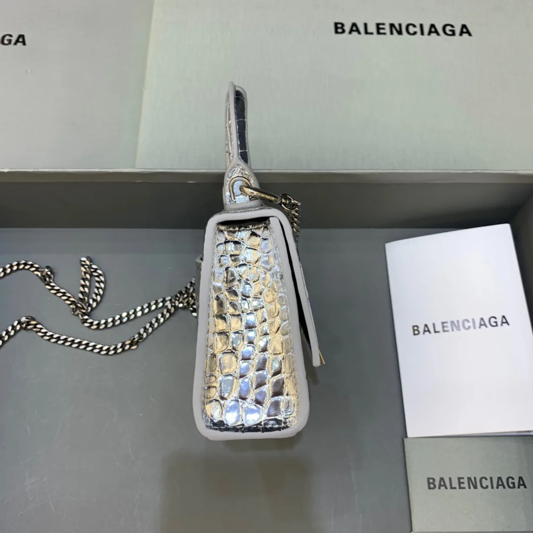 Balenciaga Hourglass Mini Handbag With Chain In Sliver - Image 3