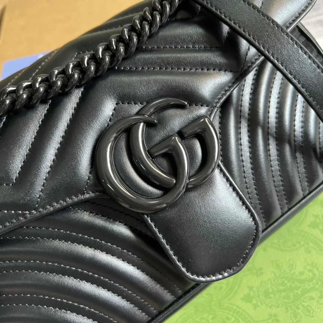 Gucci Marmont Small Matelasse Shoulder Bag / Black Matelasse Chevron Black Hardware - Image 7