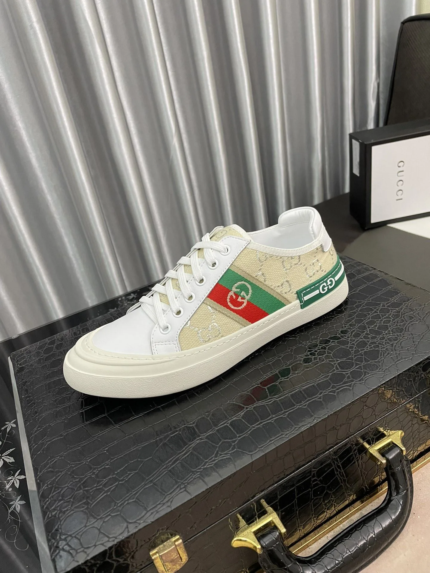 Gucci Men’s GG Embroidery Sneaker With Web White And Beige - Image 6