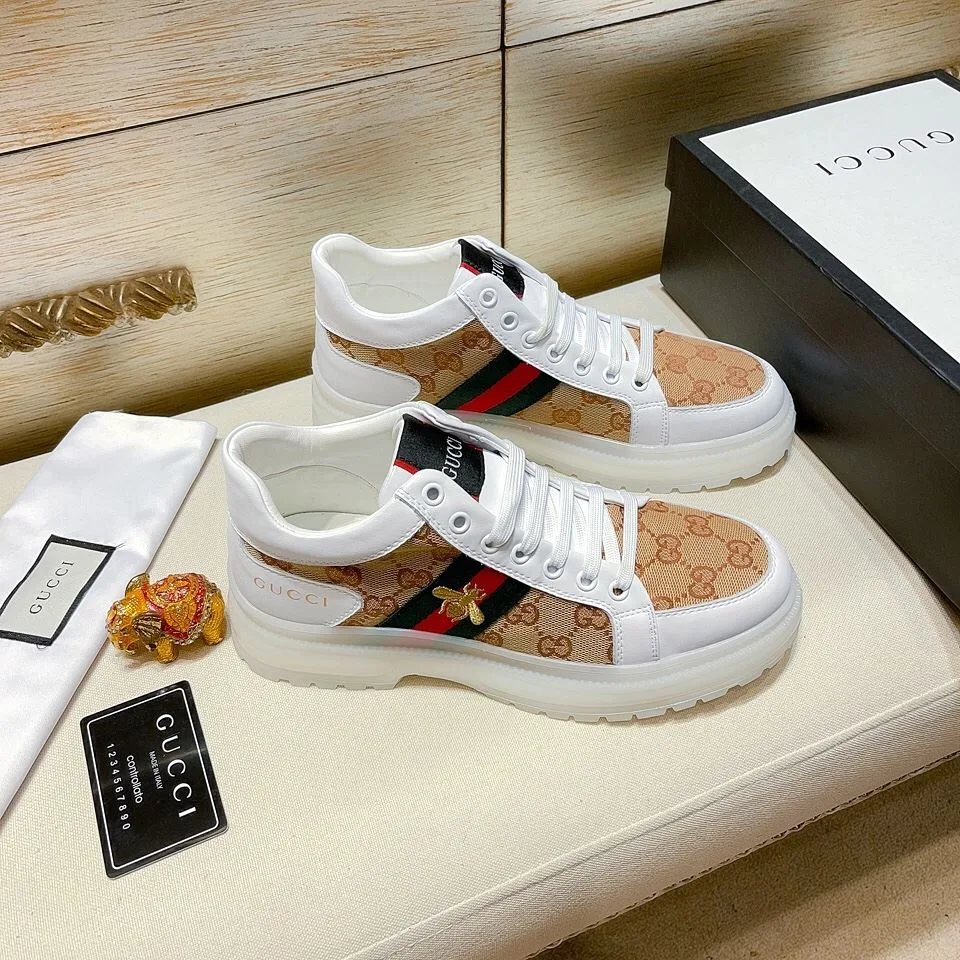 Gucci Men’s GG With Web And Bee High Top Sneaker White - Image 7
