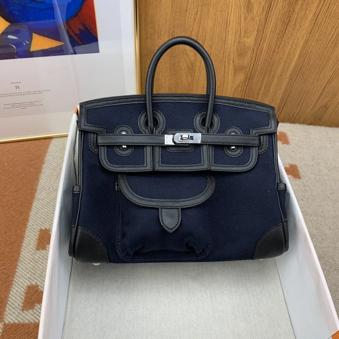Hermes Birkin Cargo 25 Top Handle Bag / Dark Blue Silver Hardware - Image 9