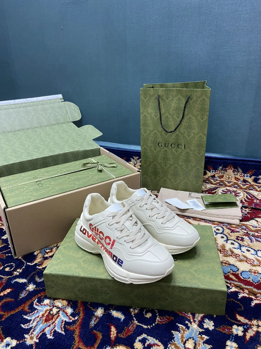 Gucci Men’s Rhyton Sneakers With Gucci Love Parade Red White Ivory - Image 4