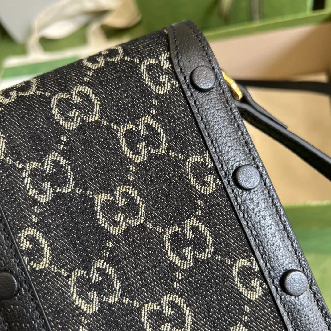Gucci Horsebit 1955 Mini Bag Black And Ivory GG Denim Jacquard / - Image 6