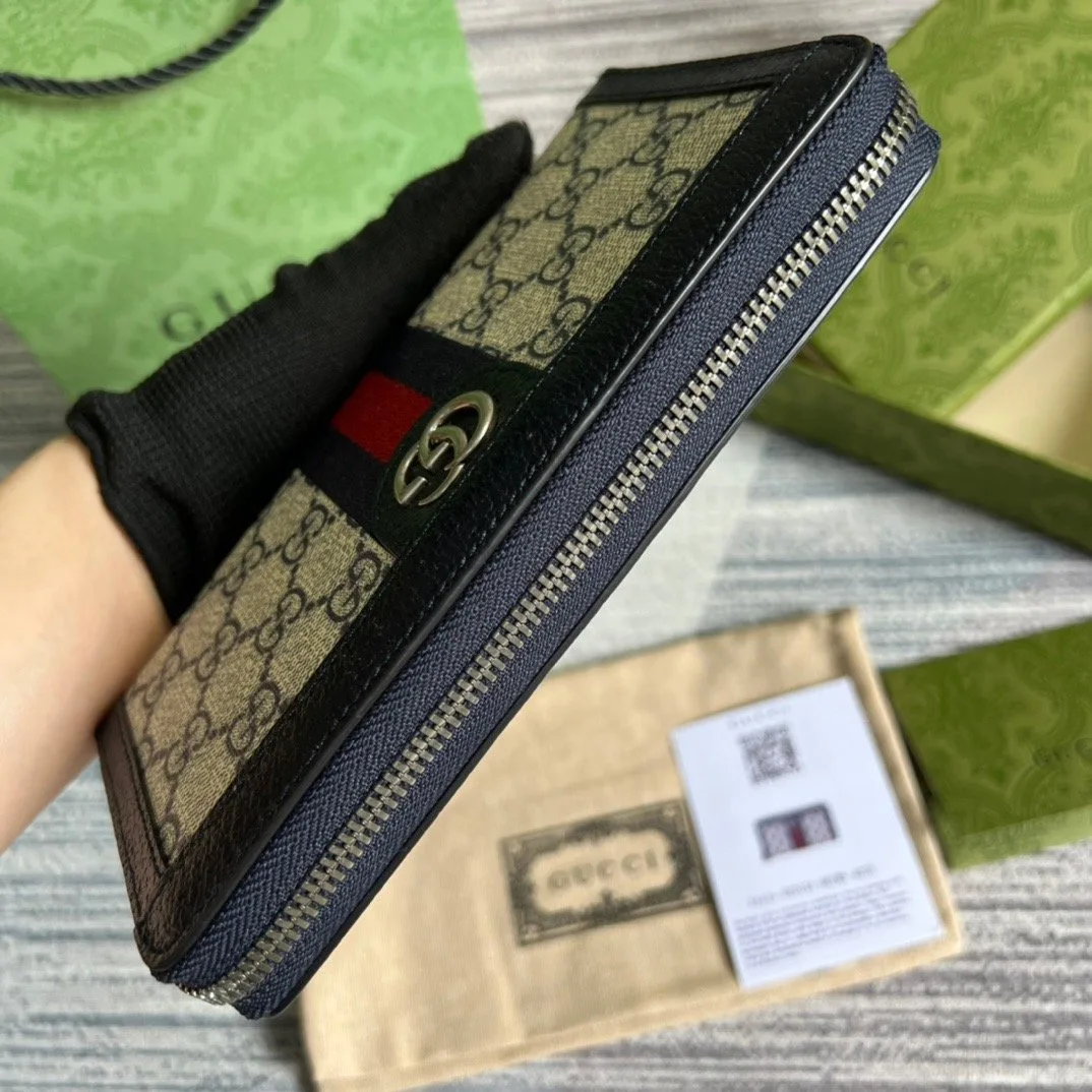 Gucci Ophidia GG Zip-Around Wallet in Beige with Red and Dark Blue Stripes and Silver Hardware , / - Image 6