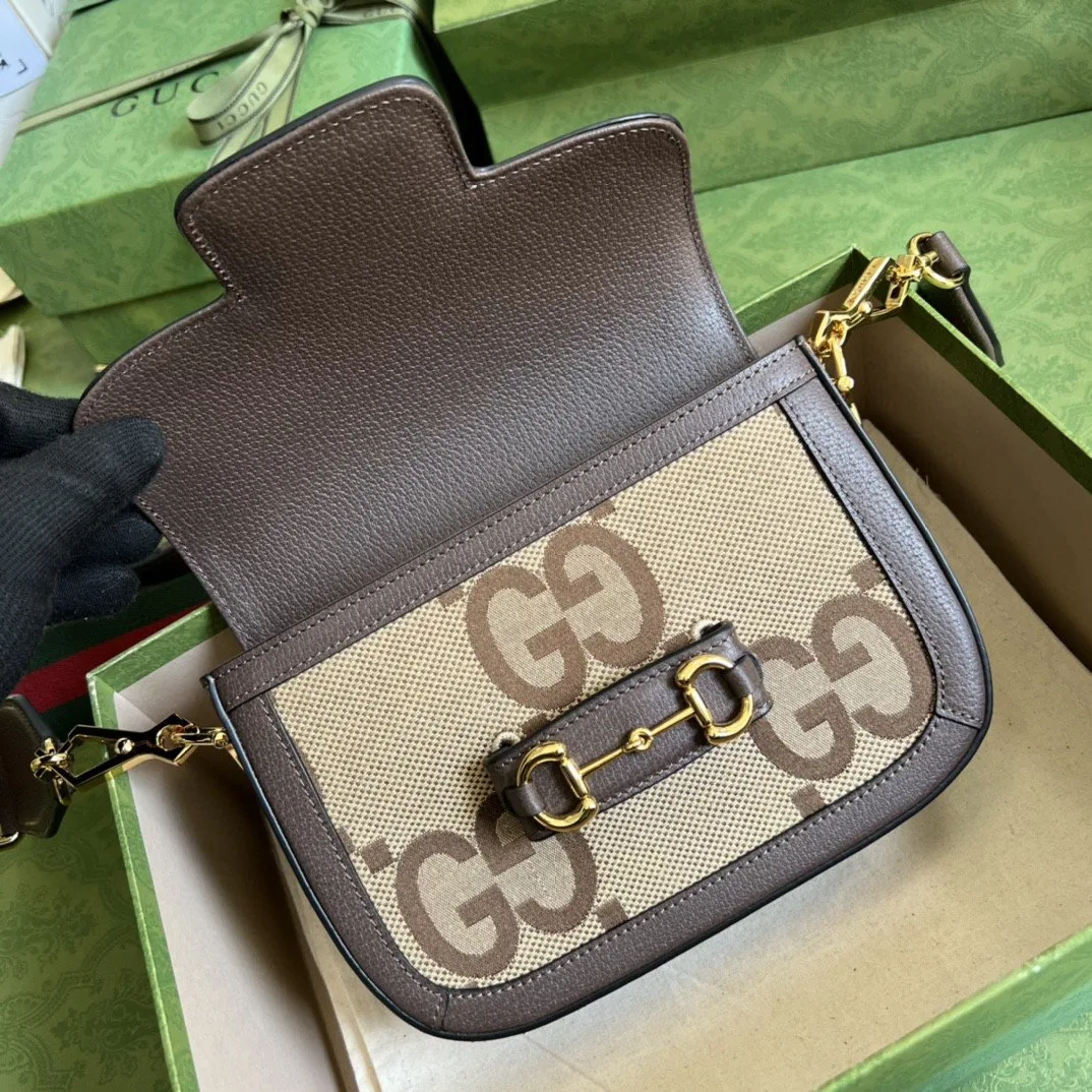 Alternative view of Gucci Horsebit 1955 Jumbo Mini Bag Camel And Ebony Jumbo GG Canvas /