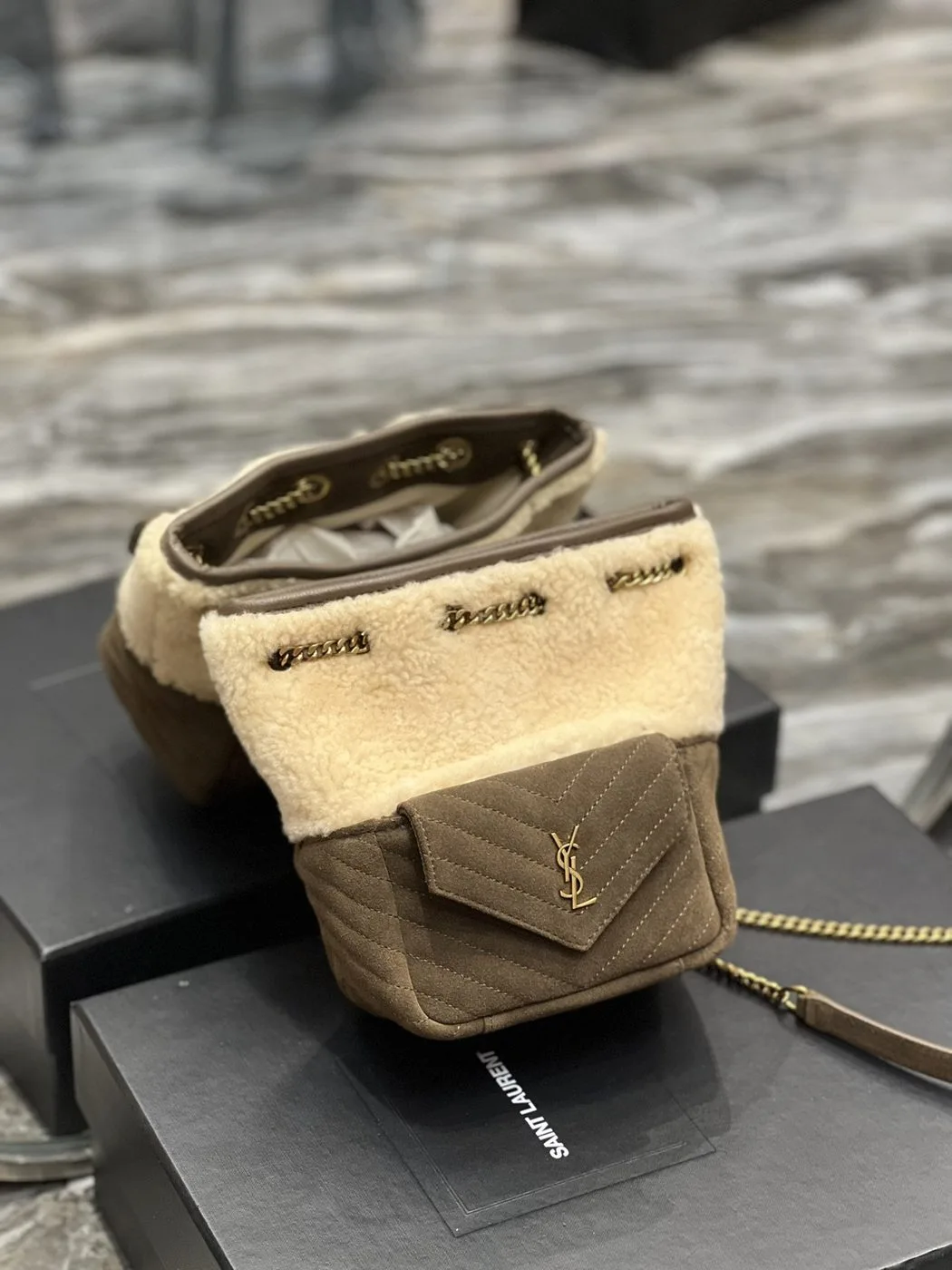 Alternative view of Saint Laurent Oe Mini Bucket Chevrons Brown