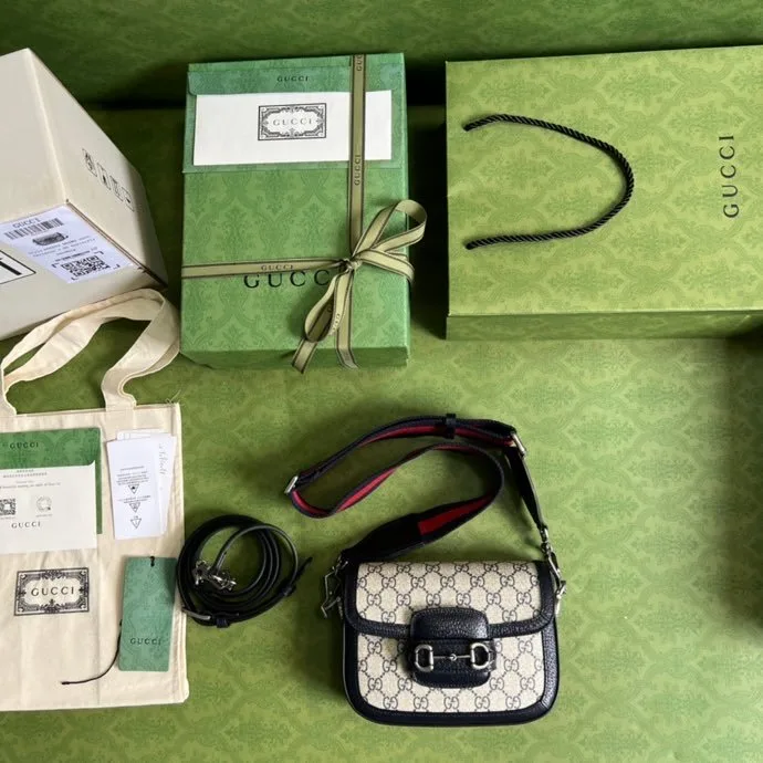 Alternative view of Gucci Horsebit 1955 GG Mini Bag Beige And Blue Supreme Canvas /