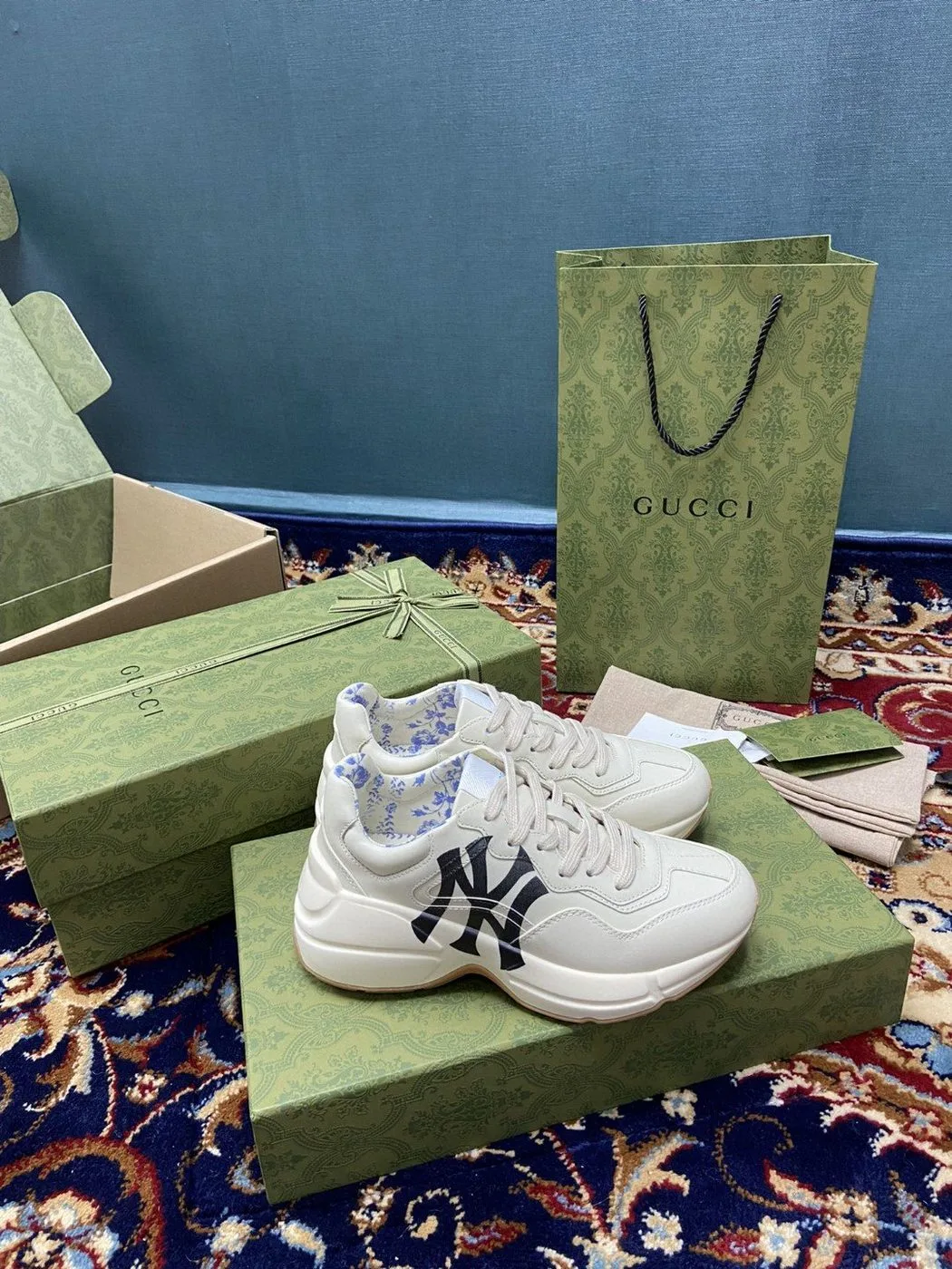 Alternative view of Gucci Women’s Rhyton Sneaker GG With NY Yankess White Ivory