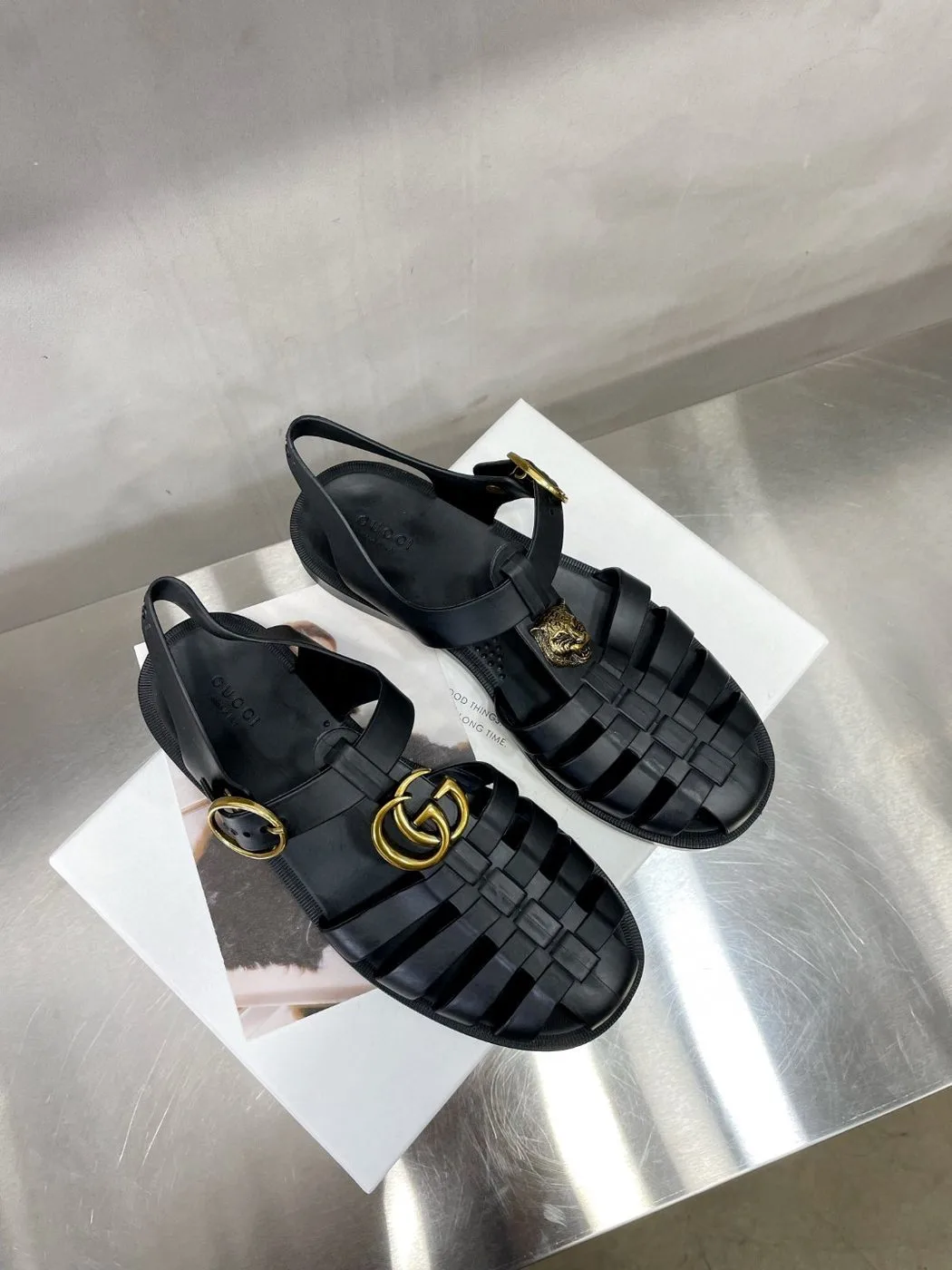 Gucci Women’s Rubber Buckle Strap Sandal Black - Image 4