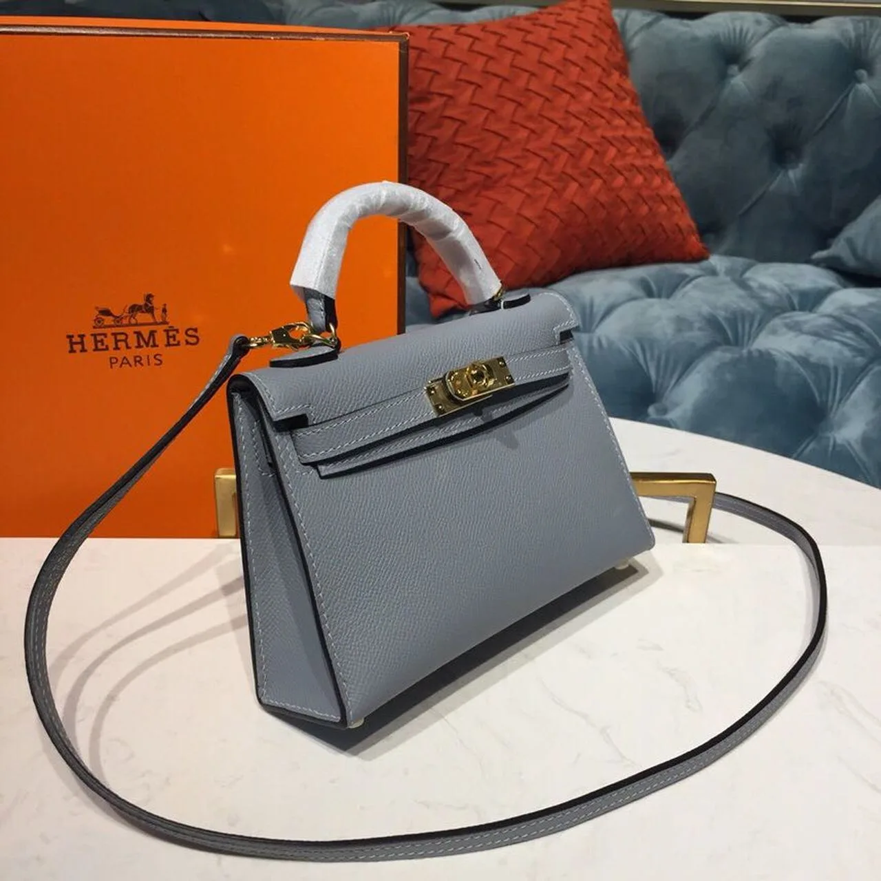 Hermes Kelly Mini Top Handle Bag / Bleu Glacier Gold Hardware - Image 3