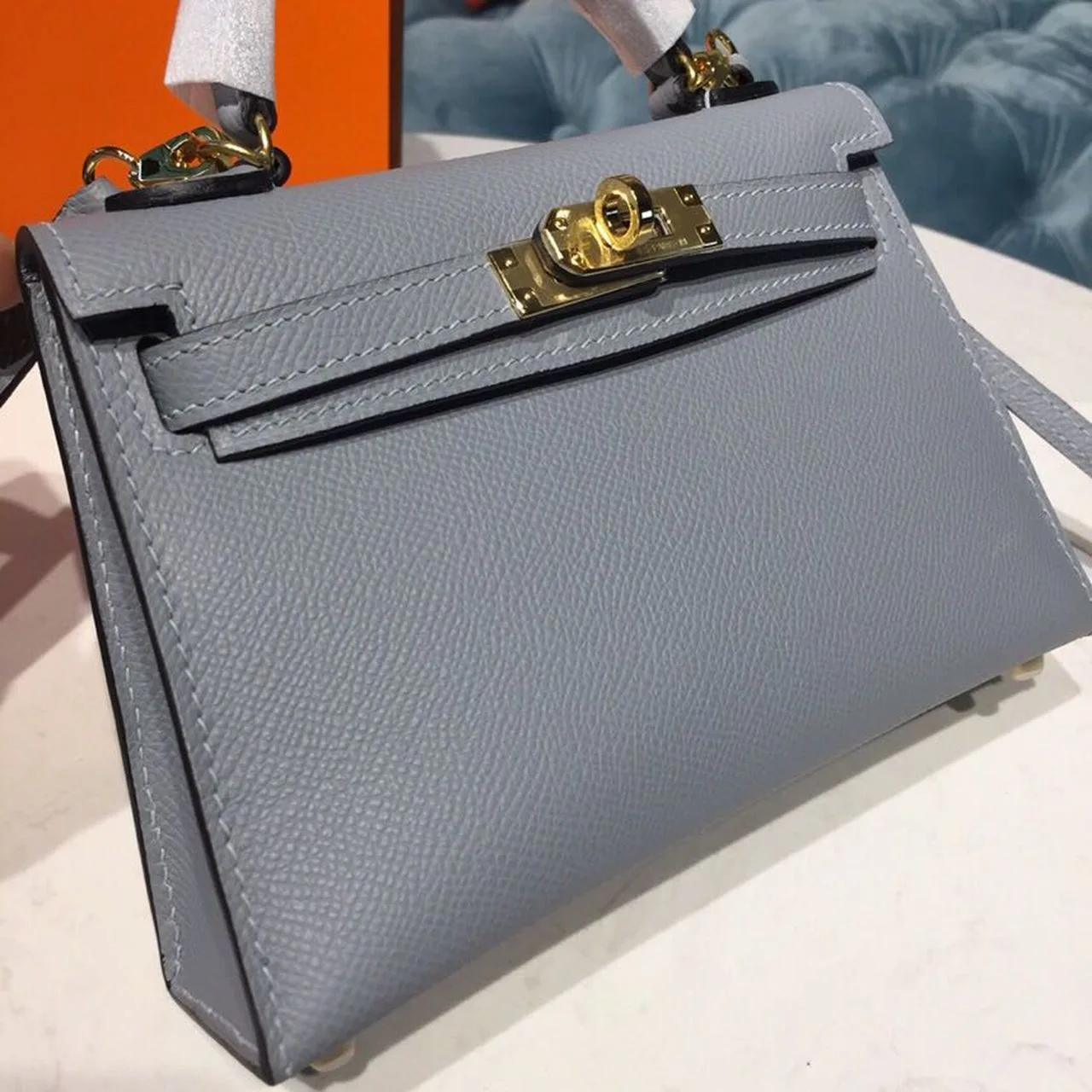 Hermes Kelly Mini Top Handle Bag / Bleu Glacier Gold Hardware - Image 4