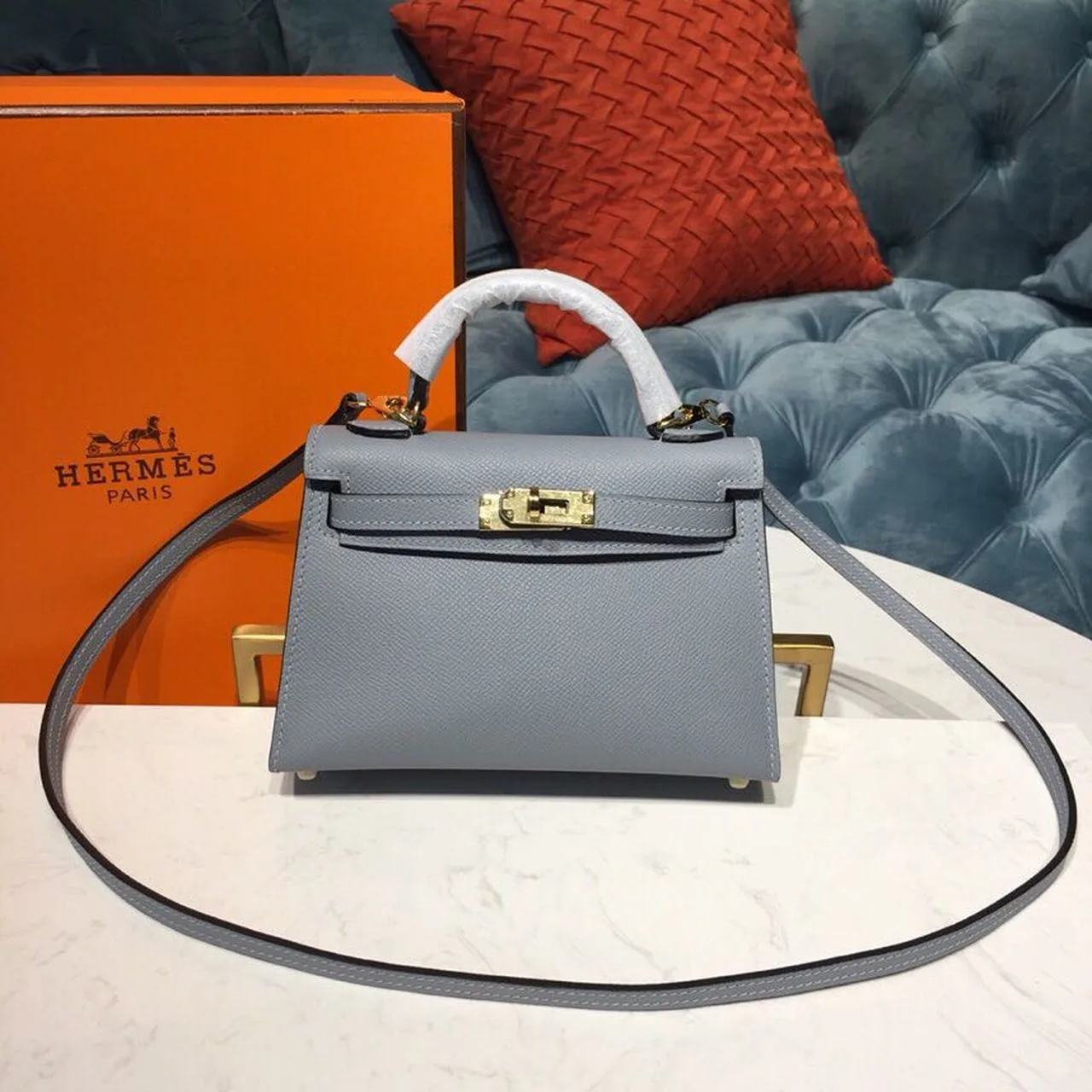 Hermes Kelly Mini Top Handle Bag / Bleu Glacier Gold Hardware - Image 2
