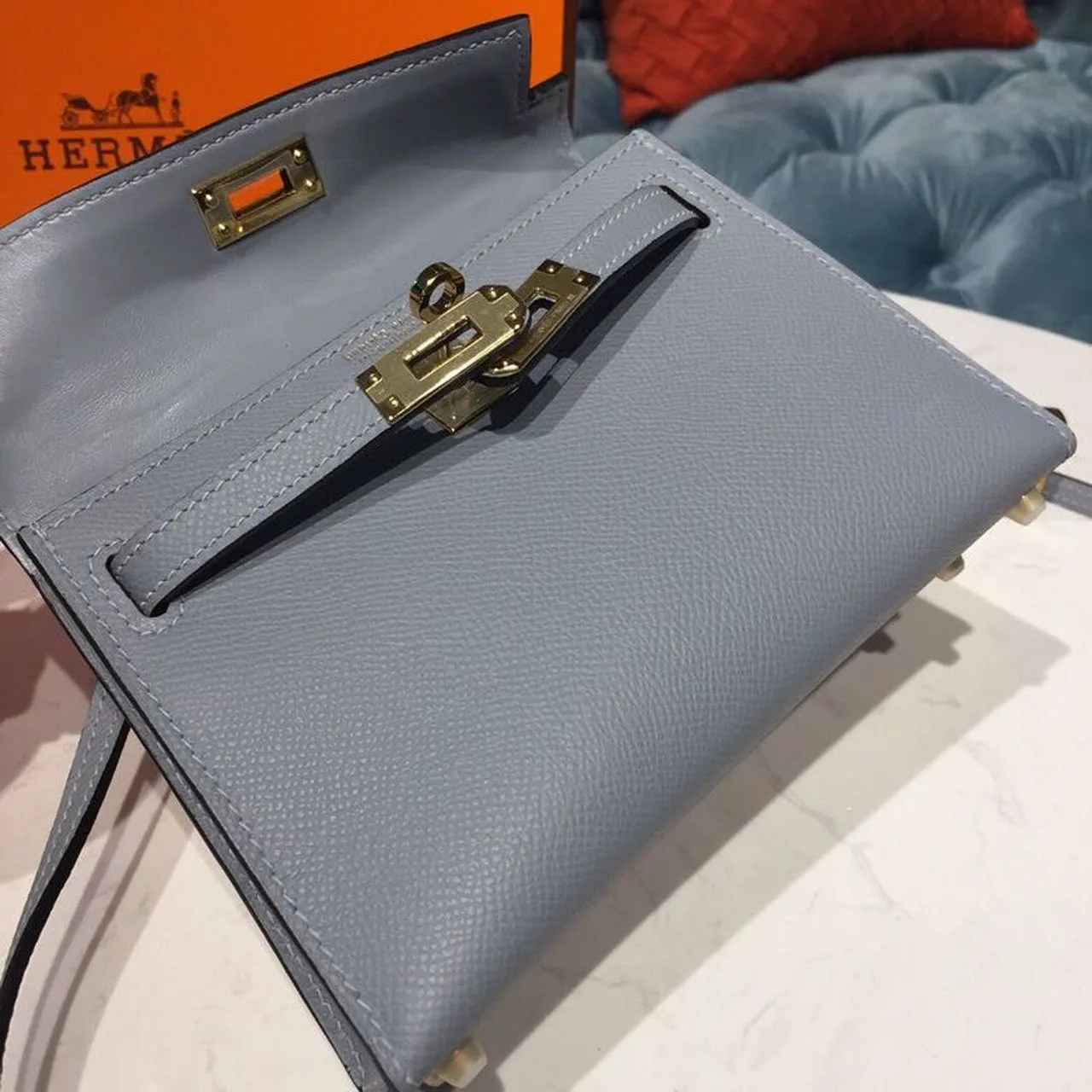 Hermes Kelly Mini Top Handle Bag / Bleu Glacier Gold Hardware - Image 15