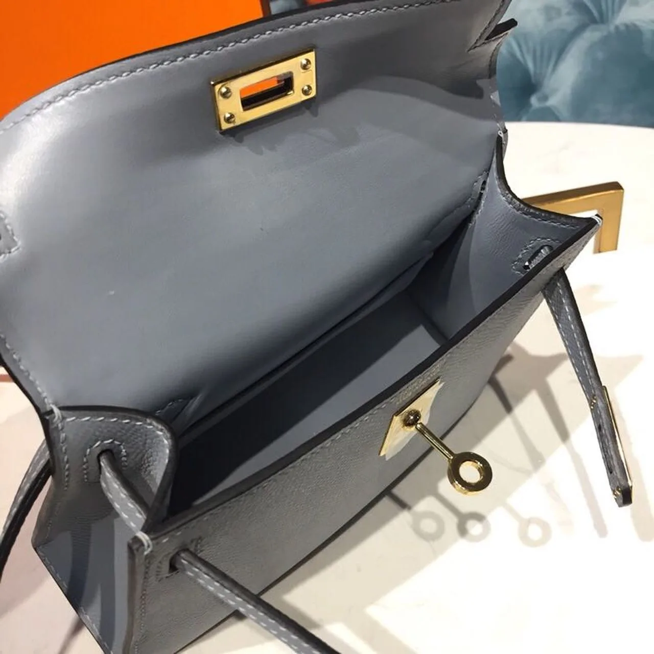 Hermes Kelly Mini Top Handle Bag / Bleu Glacier Gold Hardware - Image 14