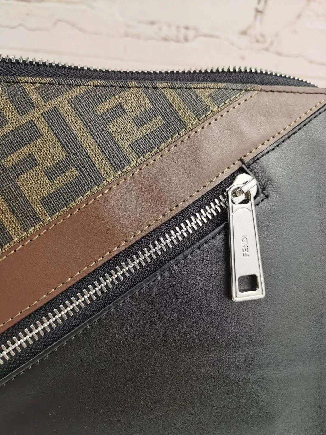 Fendi Flat Pouch Black Fabric Pouch Grey Stripes / FF - Image 7