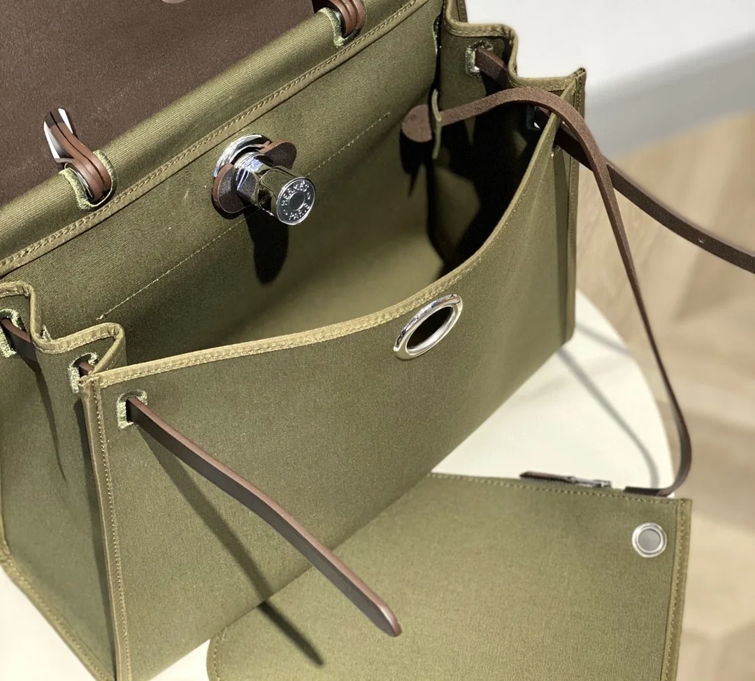 Hermes Herbag Zip Bag Dark Green Moss, Silver Toned Hardware Bag - Image 5