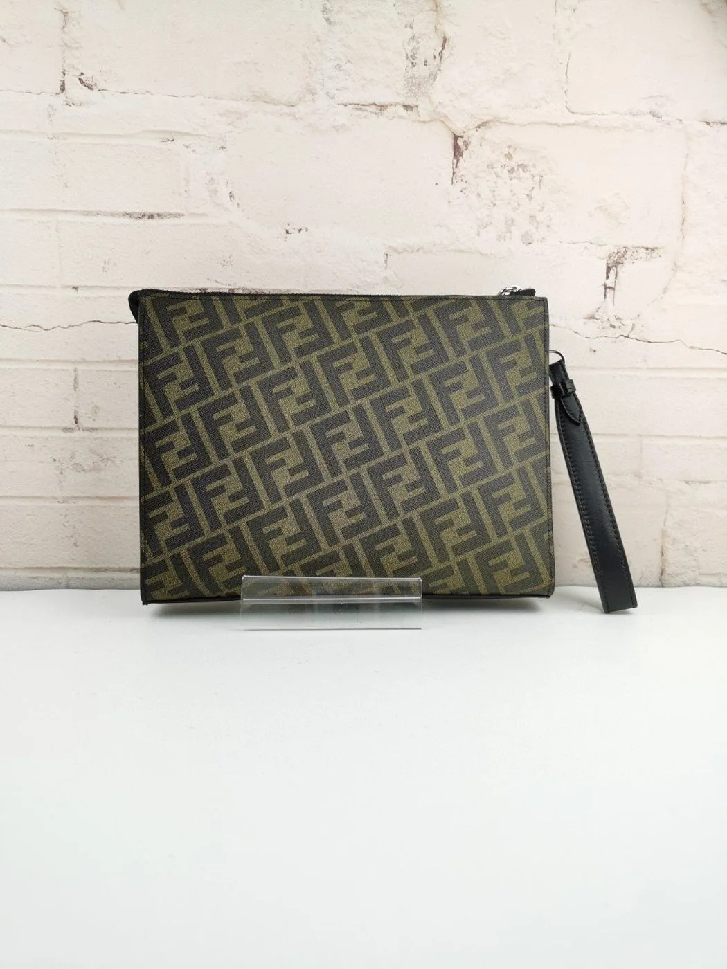 Alternative view of Fendi Flat Pouch Black Fabric Pouch Grey Stripes / FF