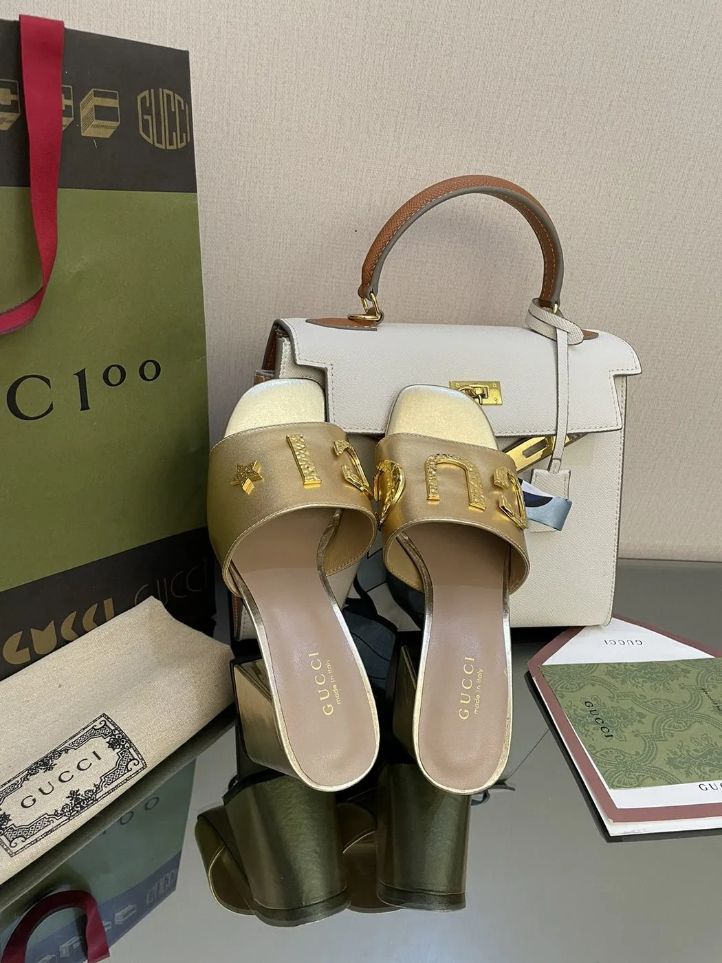 Gucci Women’s ‘Gucci’ Slide Sandal Gold - Image 5