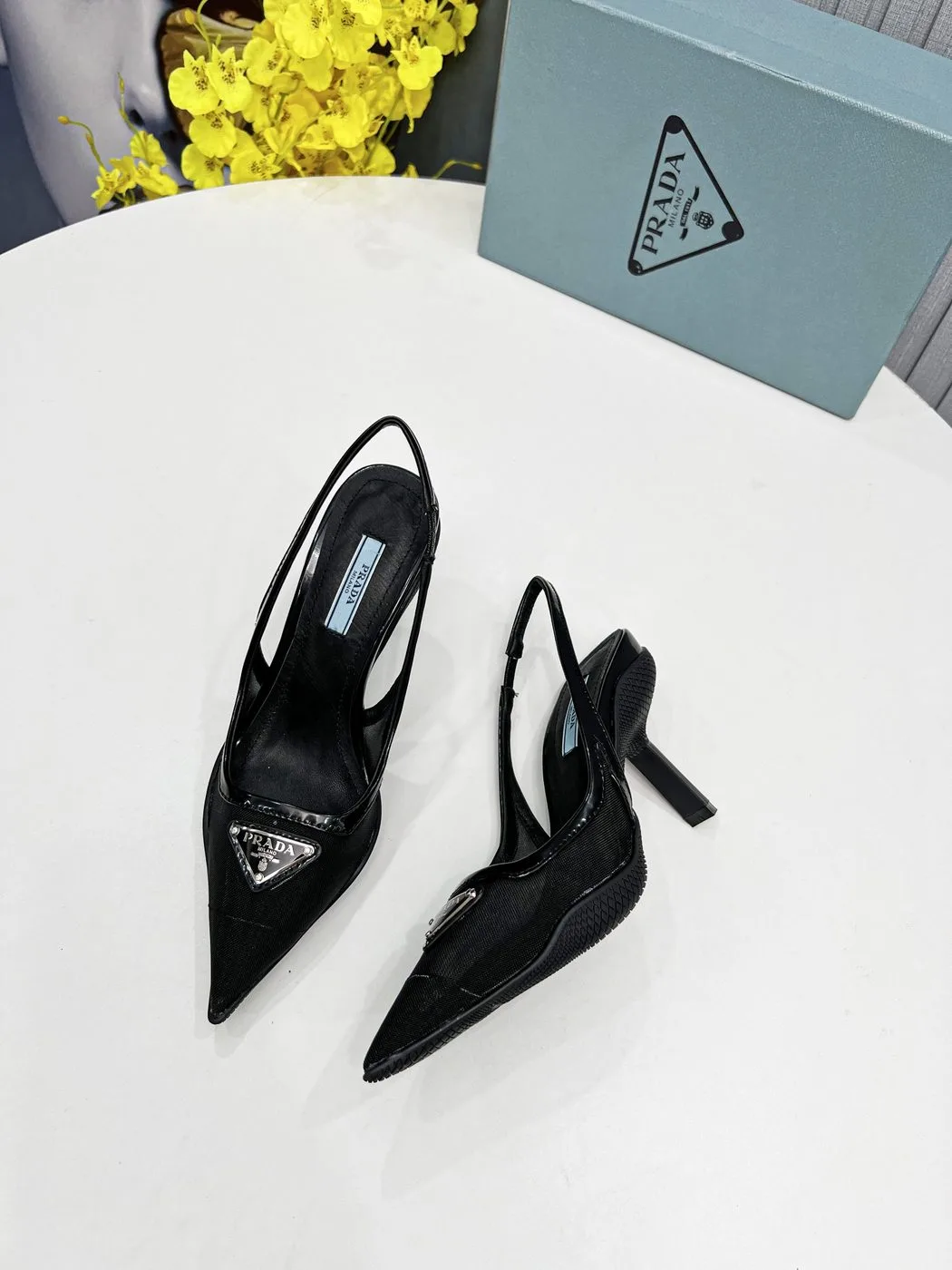 Prada Mesh Fabric Slingback Pumps Black - Image 3