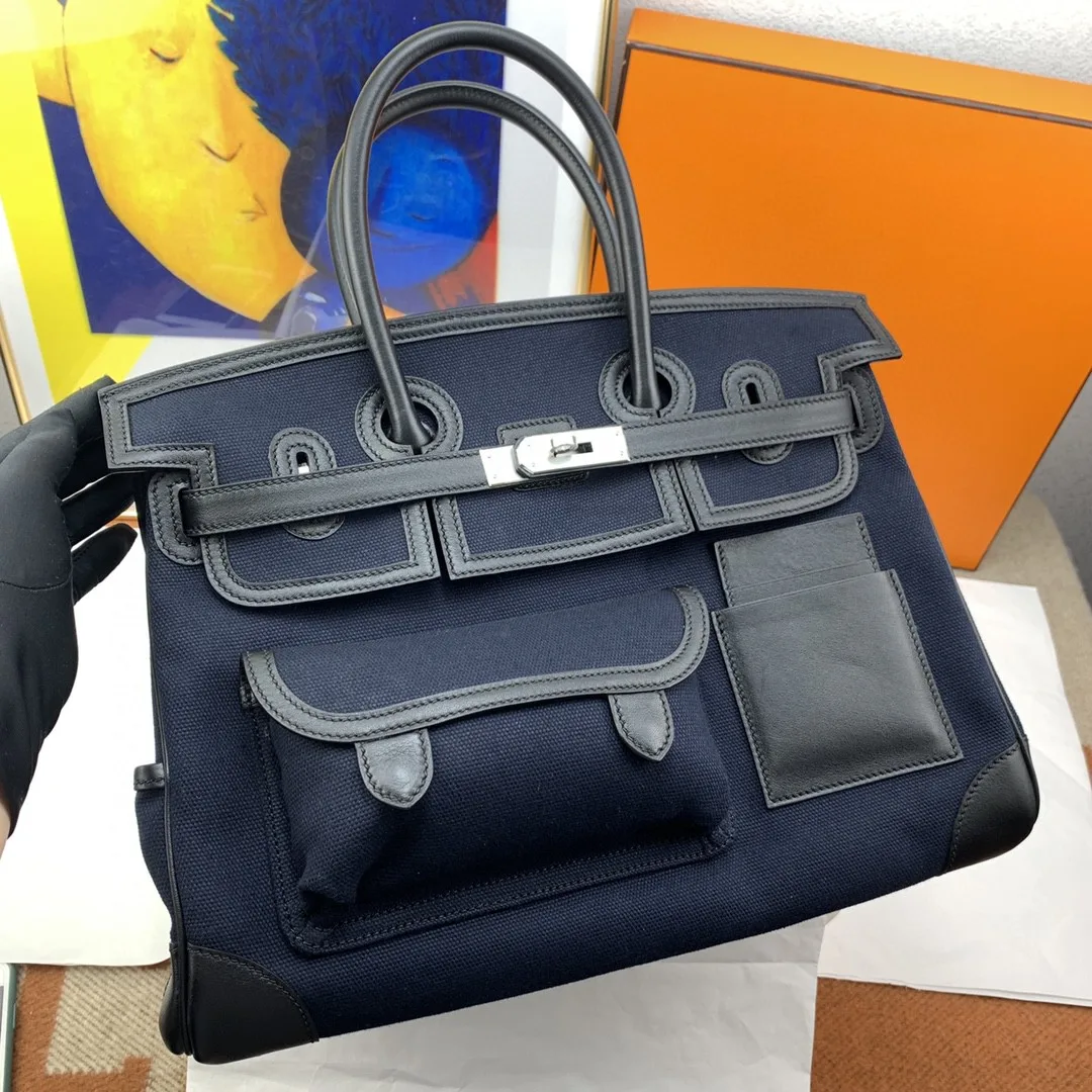 Hermes Birkin Cargo 35 Top Handle Bag / Navy Blue Silver Hardware - Image 6