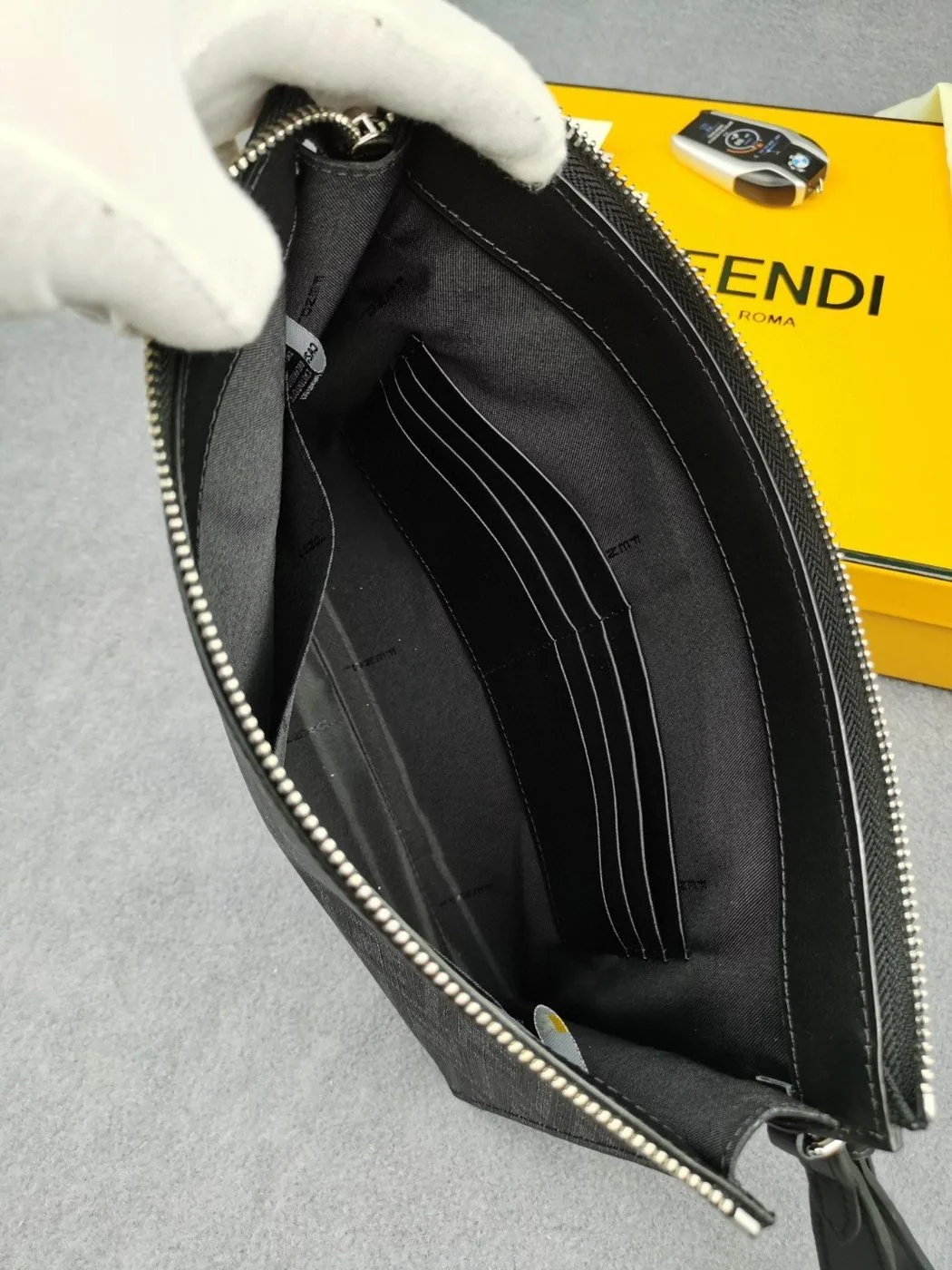 Fendi Flat Pouch Black Fabric Pouch Yellow Stripes / FF 7VA491A9XSF0R2A - Image 8