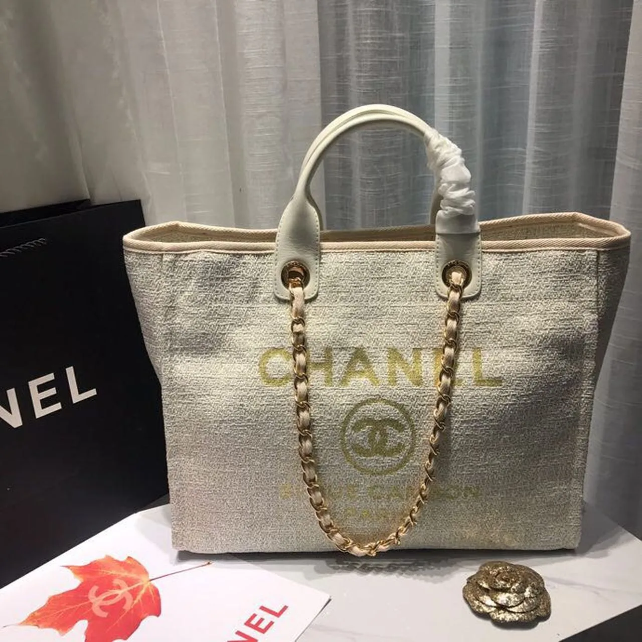 Alternative view of Chanel Deauville Tote Bag / Beige Tweed Canvas Gold Hardware